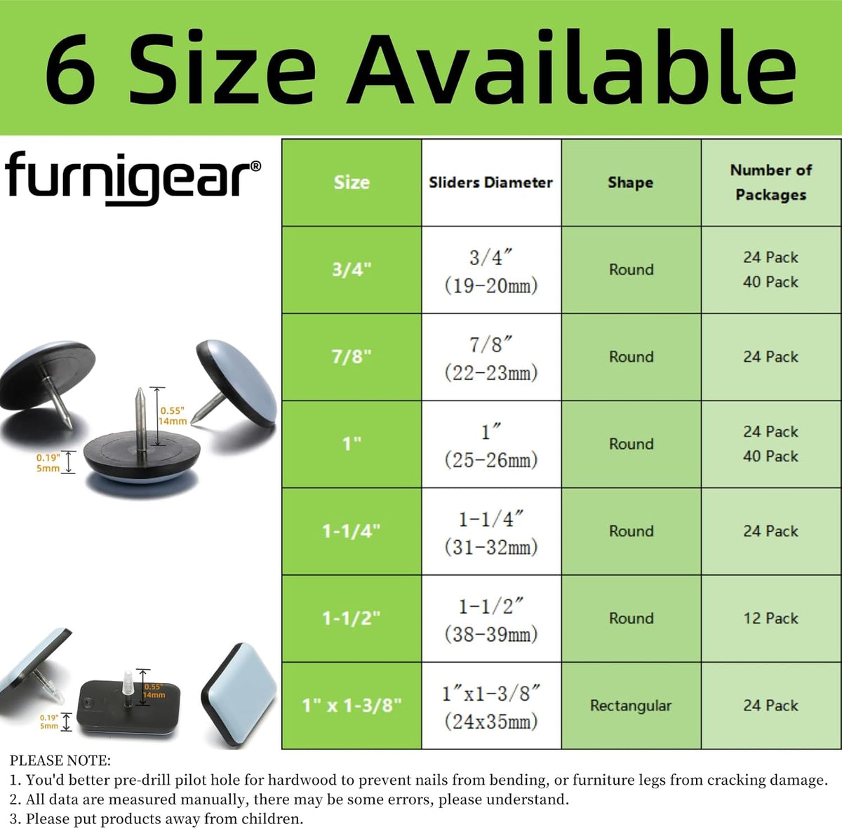 3/4“ Nail on Furniture Sliders (24 Pack) - Furnigear Heavy Duty PTFE (Teflon) Chair Leg Slider