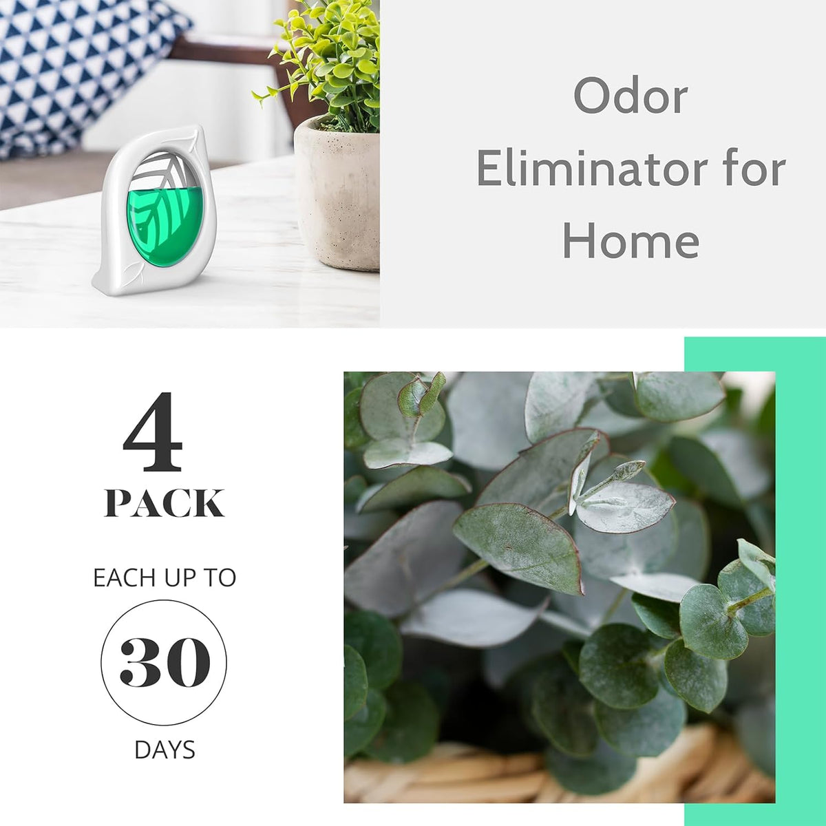 Air Freshener for Home, 4 Pack, Eucalyptus & Mint, Odor Eliminator for Small Area Closets Bathroom