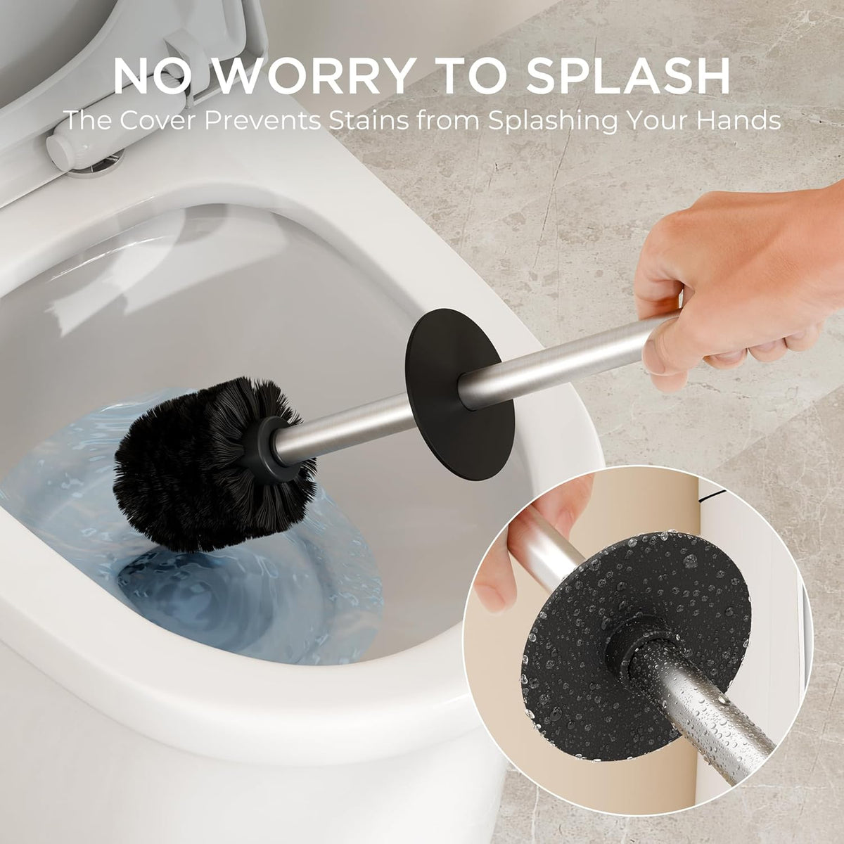FORIOUS Toilet Brush and Holder Set, Heavy Duty 304 Stainless Steel Base Square and Long Handle for