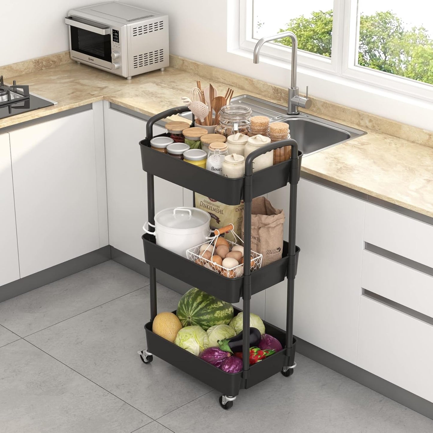 Sywhitta 3-Tier Plastic Rolling Utility Cart with Handle, Multi-Functional Storage Trolley for