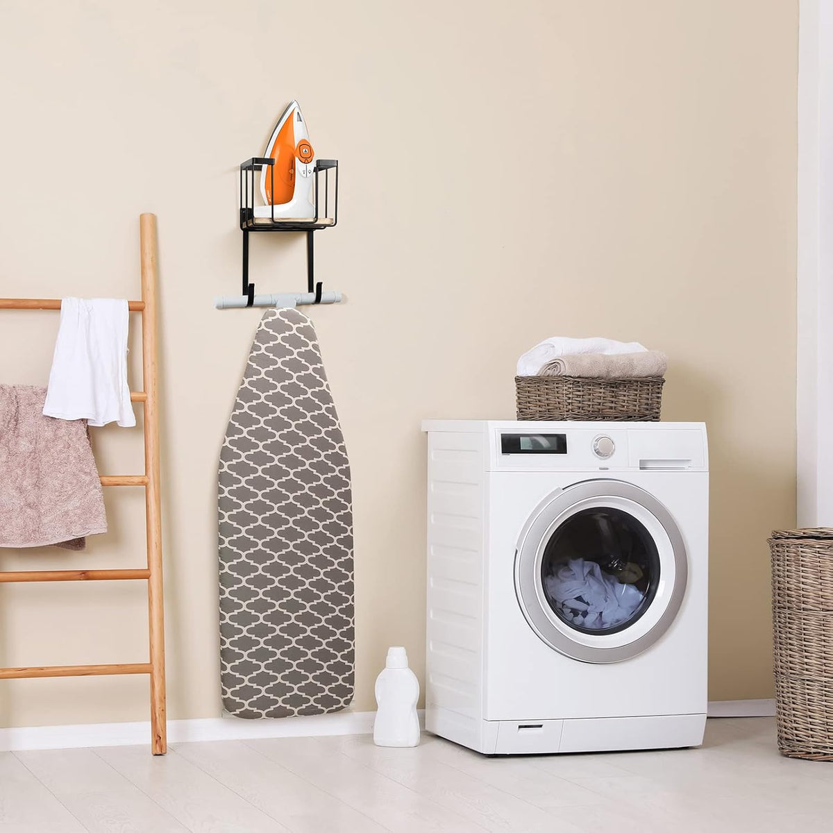 TJ.MOREE Wall Mount/Over The Door Ironing Board Holder with Large Storage Basket, Laundry Room Iron