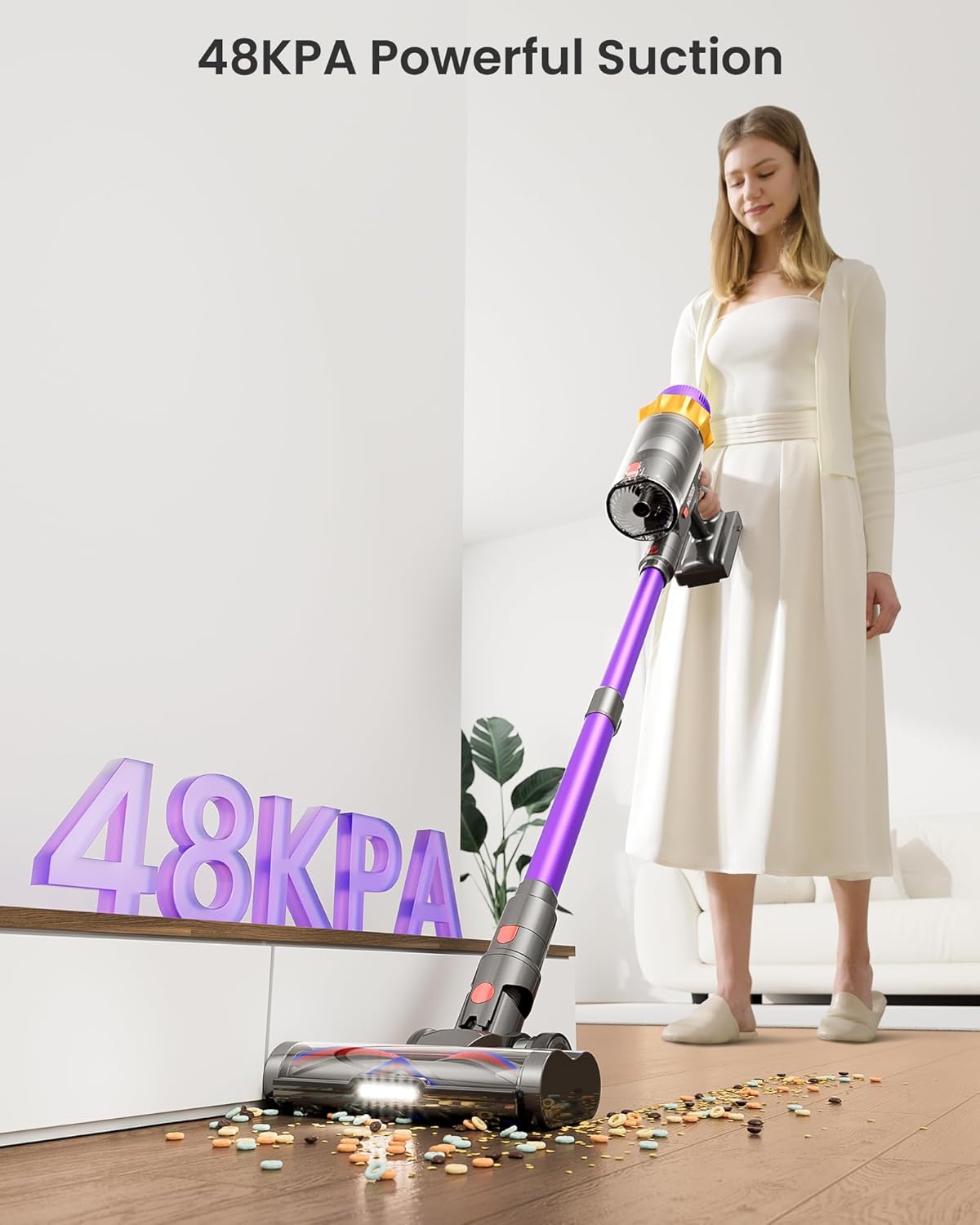 Cordless Vacuum Cleaner, 580W 48KPA 70 Mins Vacuum Cleaners for Home, Self-Standing Cordless Vacuum