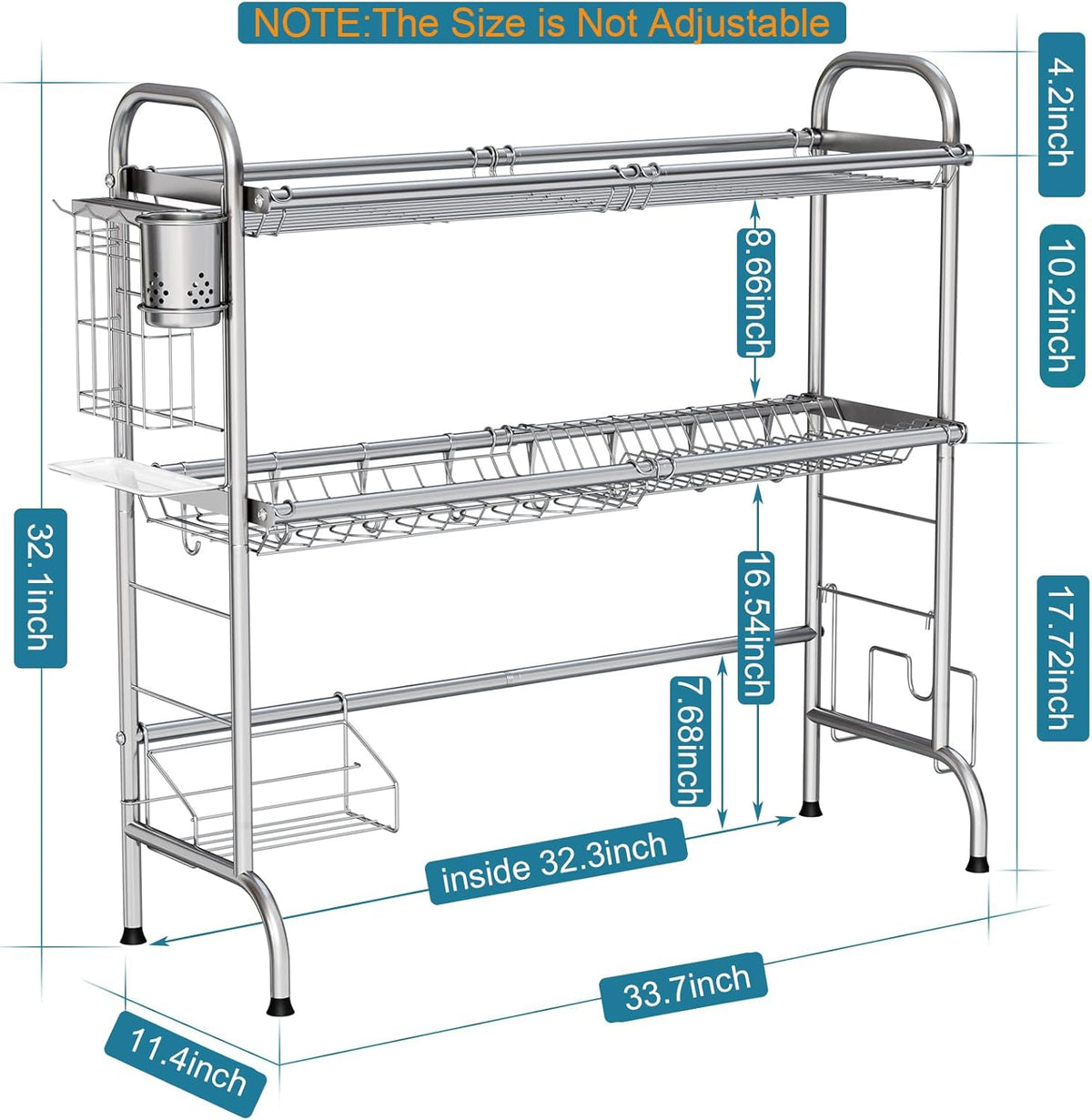 HOWDIA Stainless Steel 2-Tier Over The Sink Dish Drying Rack with Utensil Holder, Large, for