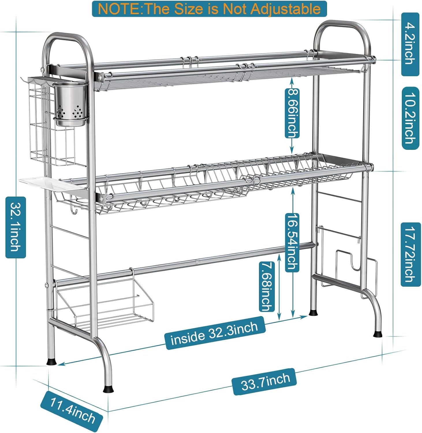 HOWDIA Stainless Steel 2-Tier Over The Sink Dish Drying Rack with Utensil Holder, Large, for