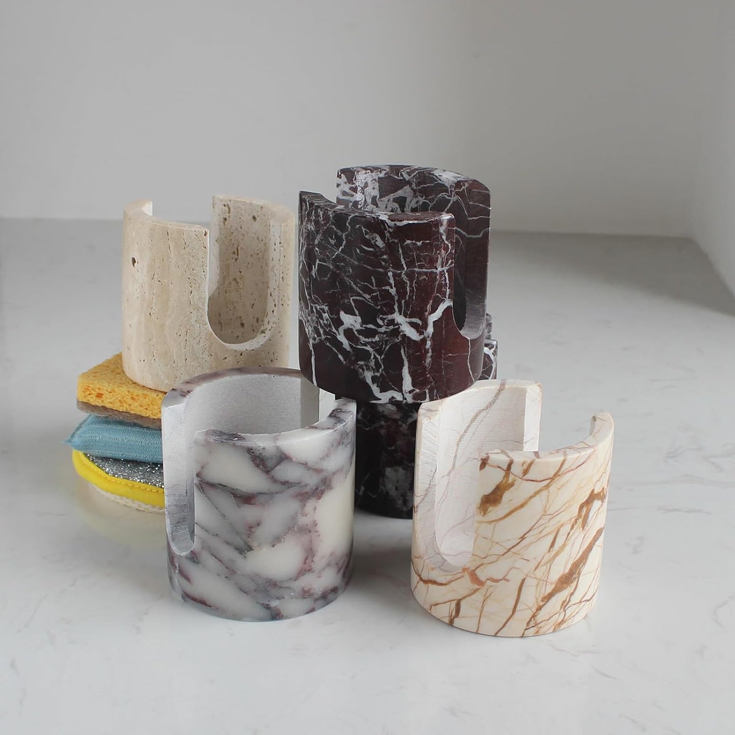 Natural Rosa Levanto Marble Sponge Holder for Kitchen Counter, Drying Rack, Sponge Caddy for Sink