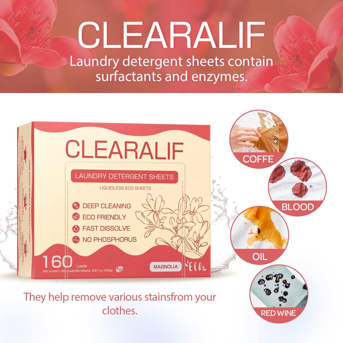CLEARALIF Laundry Detergent Sheets Up to 160 Loads, Magnolia - Great For Travel,Apartments