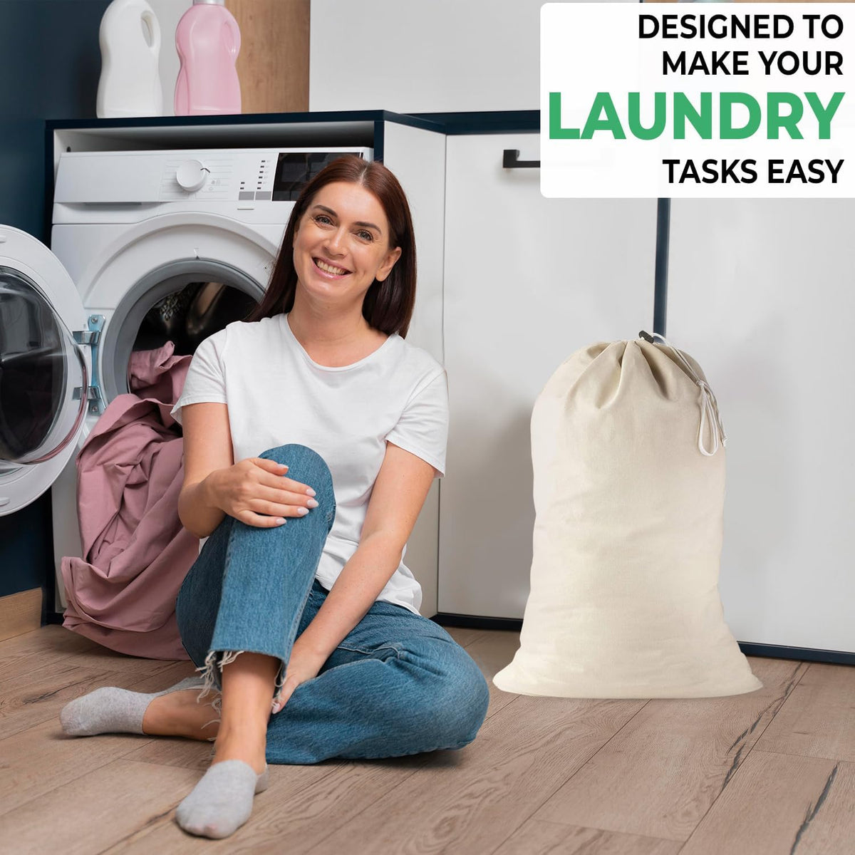 Large Cotton Laundry Bag, Heavy Duty Large Laundry Bags 24 x 36 inch Drawstring Travel Organizer