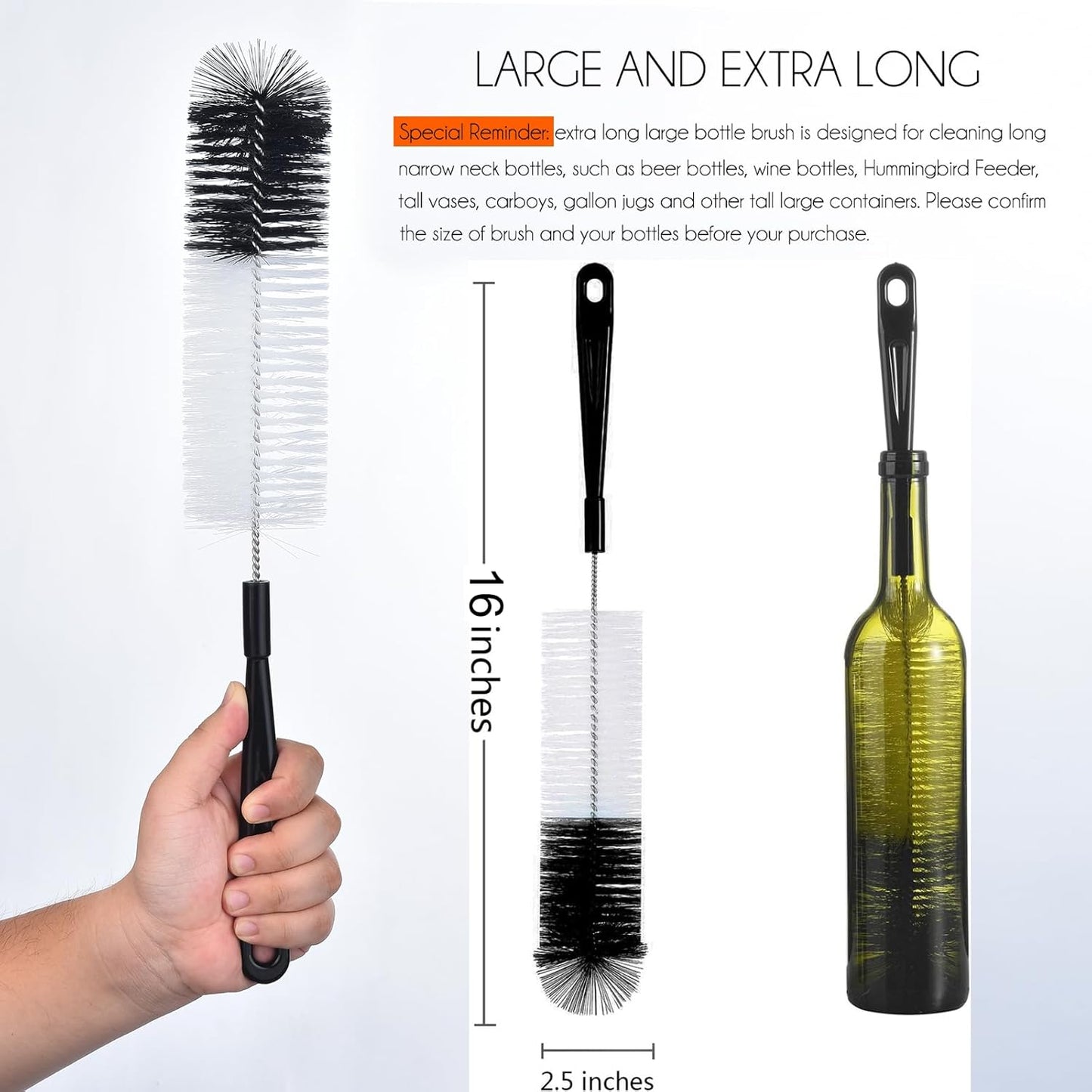 ALINK 3-Pack Long Black Bottle Cleaning Brush for Narrow Neck Beer/Wine/Flask/Thermos/Sport Well