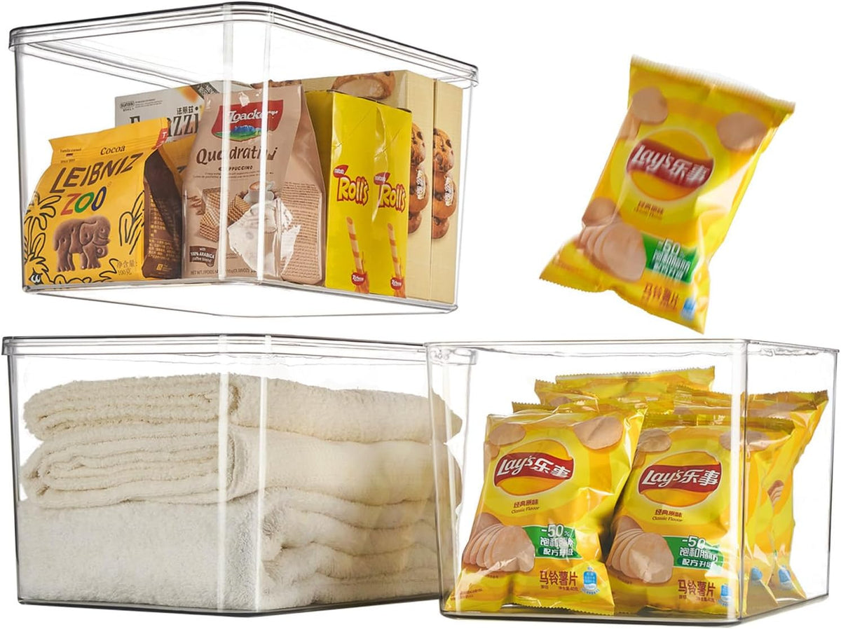 Clear plastic storage bins with LIDS-3packs,storage containers for snacks, cosmetics, books, dog