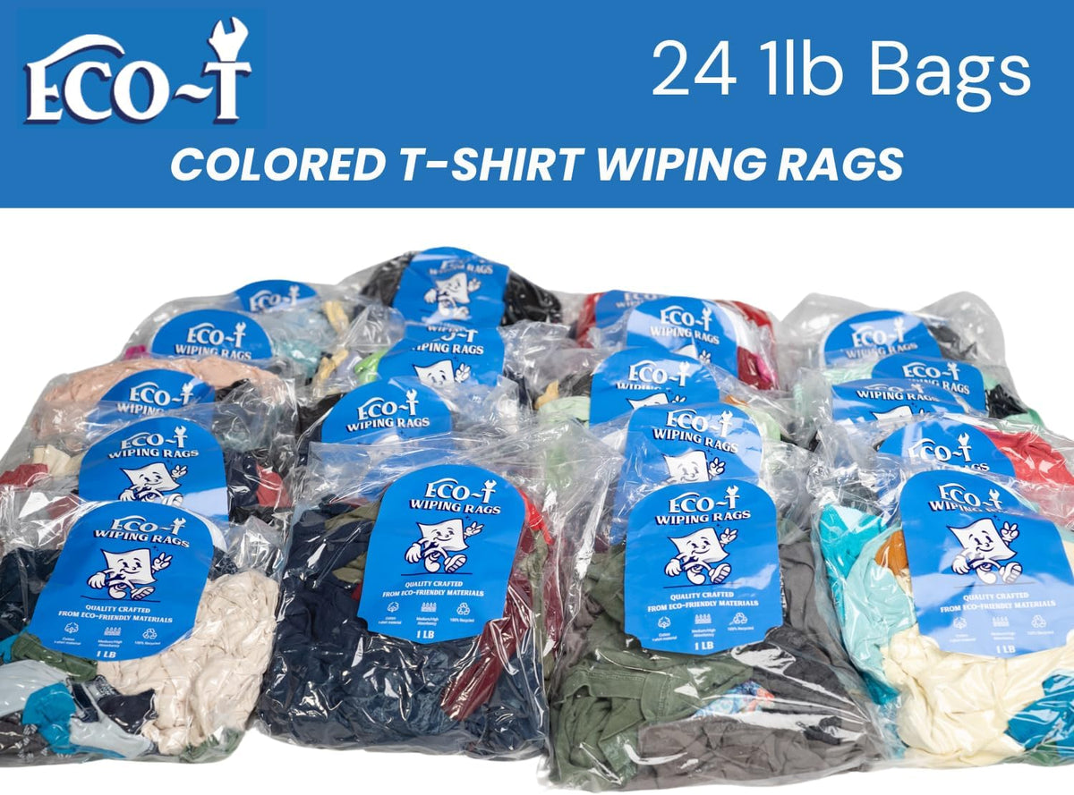24 x 1 Lb Bags (24 Lbs) Eco-T Mechanic Shop Rags - Colored T-Shirt Material, 100% Recycled