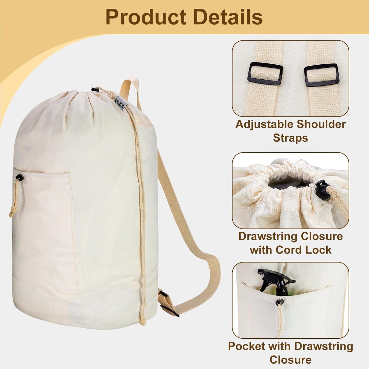 Laundry Bag Backpack, Canvas Laundry Bag with Straps & Drawstring Closure Washable Dirty Cloth
