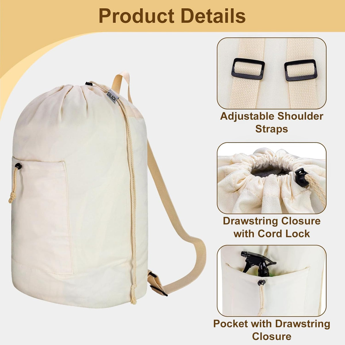 Laundry Bag Backpack, Canvas Laundry Bag with Straps & Drawstring Closure Washable Dirty Cloth