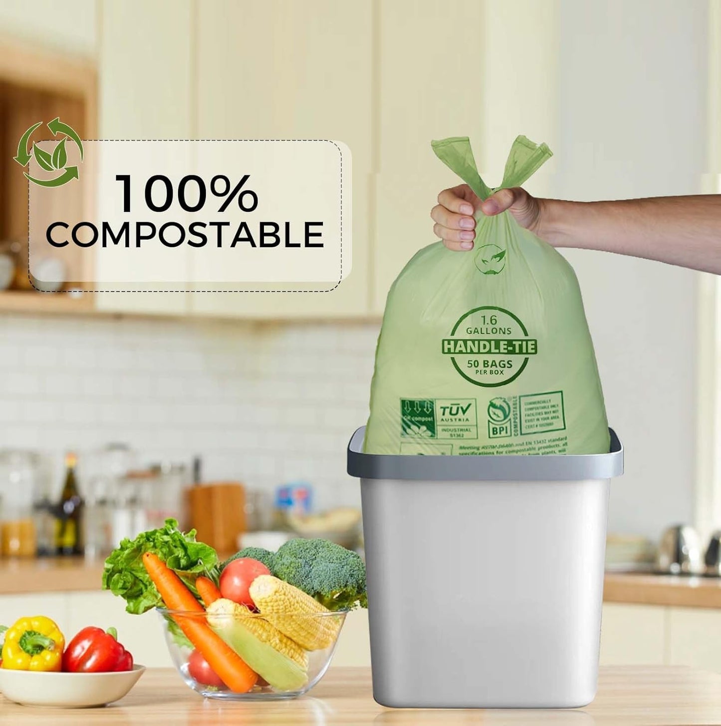 1.6 Gallon Compostable Trash Bags Drawstring, Heavy Duty Extra Thick 0.6 Mil, 6.06 Liter, 50 Bags