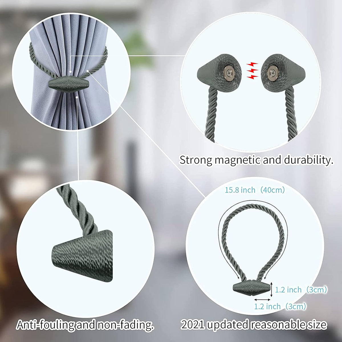 Hion Magnetic Curtain Tiebacks Gray Blue 2pcs, Curtain Tiebacks Buckles Holdbacks Holders Hooks