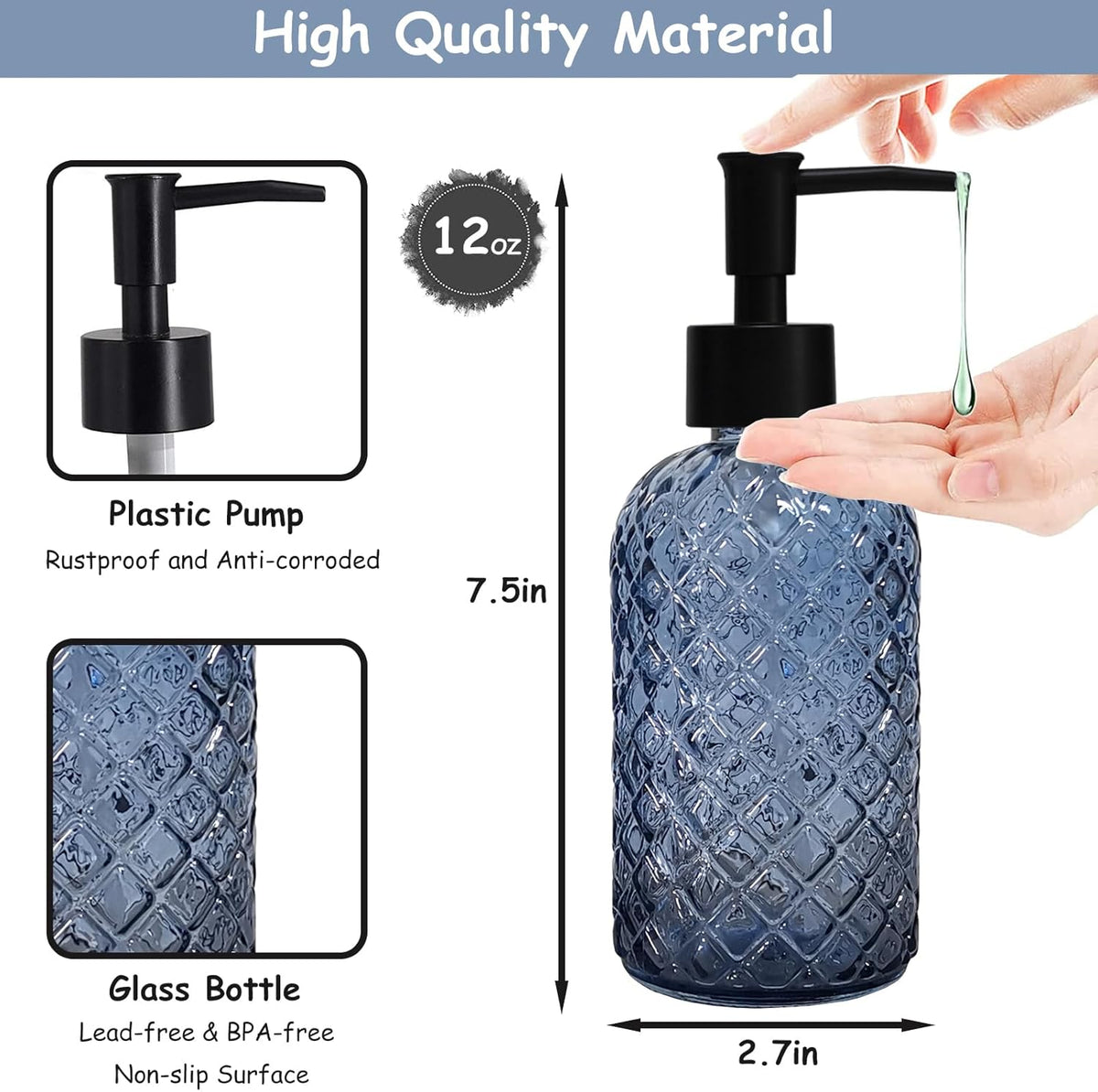 Blue Glass Dish Soap Dispenser for Kitchen, 12oz Refillable Liquid Hand Soap Dispenser Set, Crystal