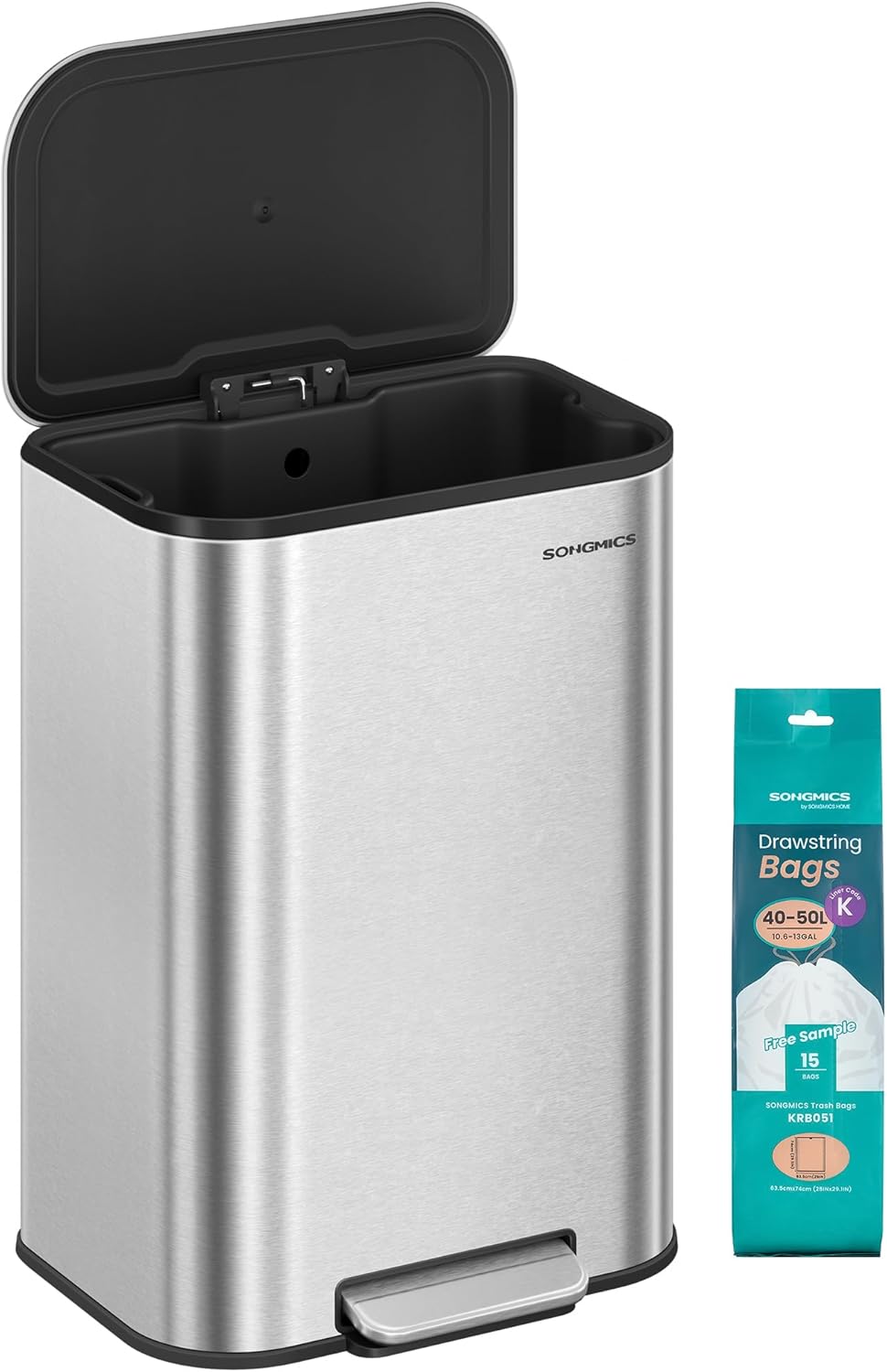 SONGMICS Kitchen Trash Can, 13-Gallon (50 L) Garbage Can with Lid, Stainless Steel, Soft Close and