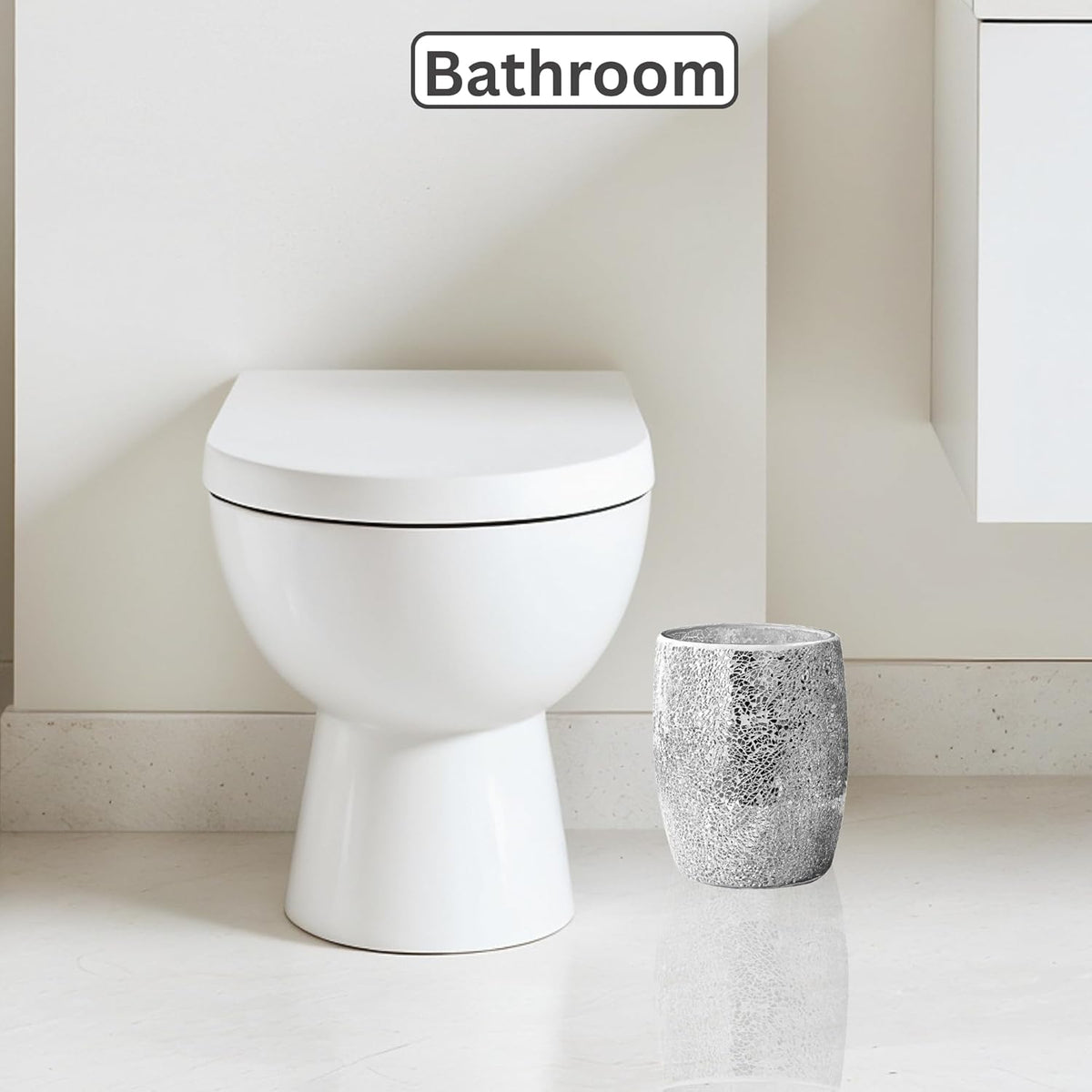 Escenzy Modern Bathroom Trash Can Silver Mosaic Glass 5L | 7" x 10" | Luxury Waste Basket for