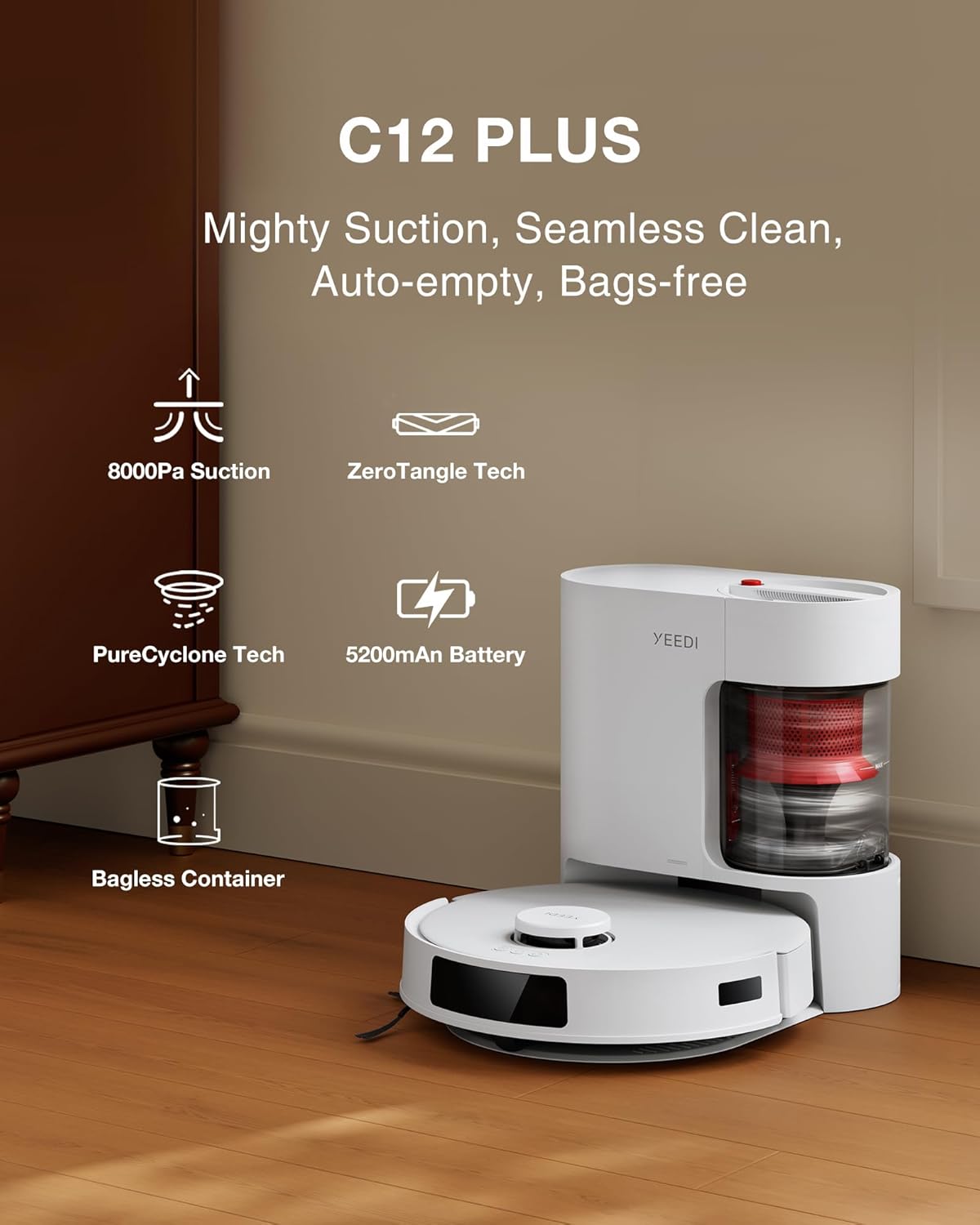 Yeedi C12 Plus Robot Vacuum and Mop, 8000Pa Strong Suction, 7-Week Dust Storage, Bagless Dust Bin