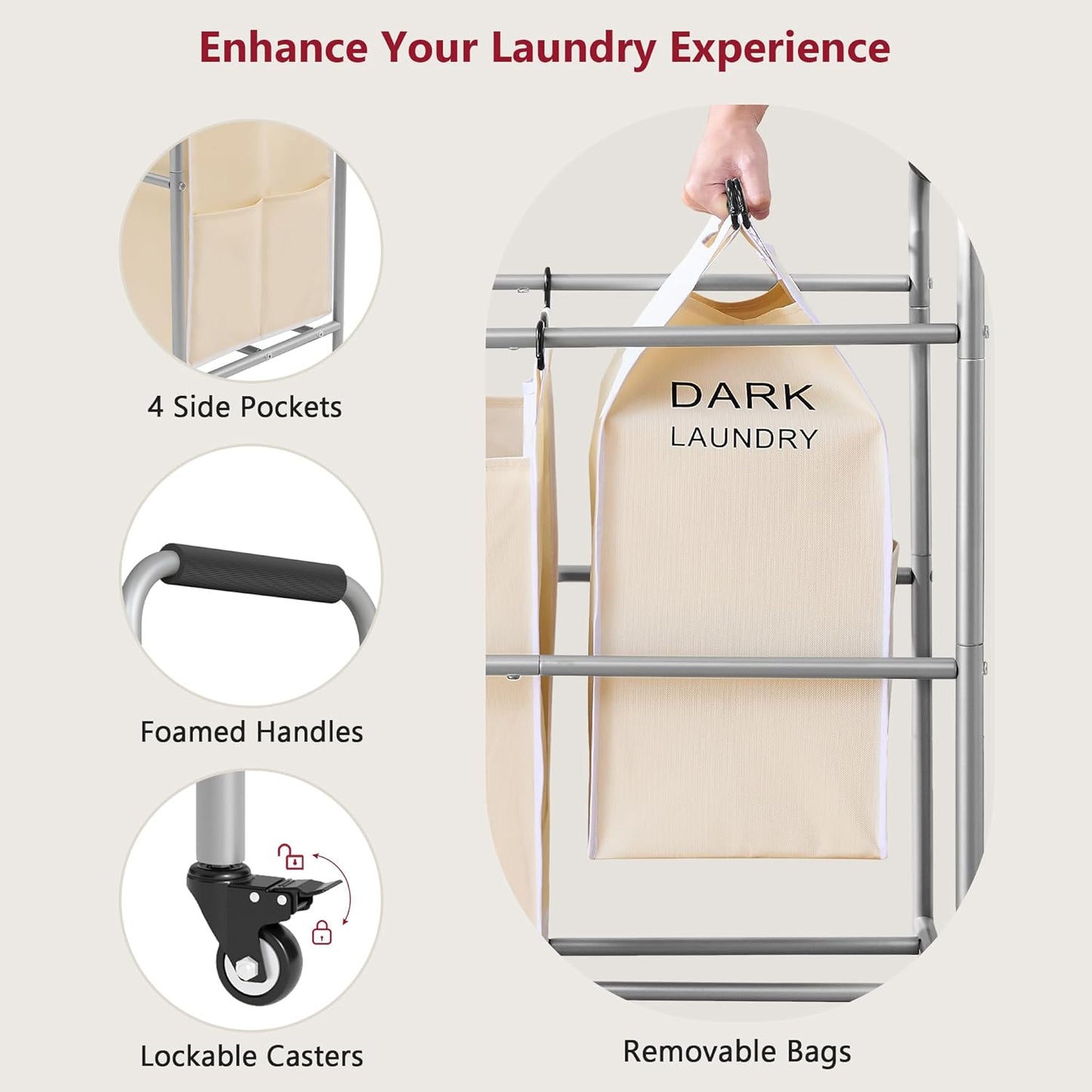Tajsoon Laundry Sorter 5 Sections, Laundry Hamper with Heavy Duty Lockable Wheels and Removable