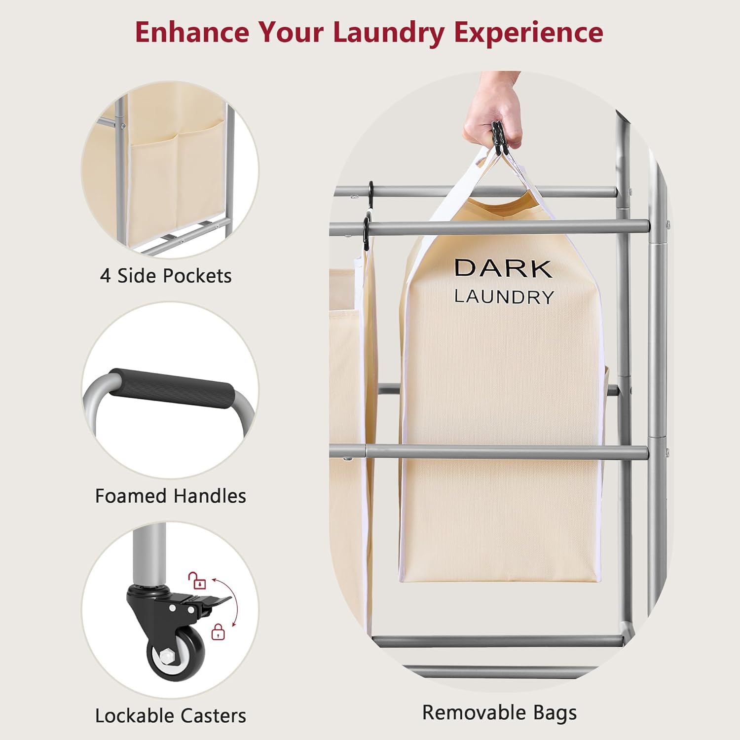 Tajsoon Laundry Sorter 5 Sections, Laundry Hamper with Heavy Duty Lockable Wheels and Removable