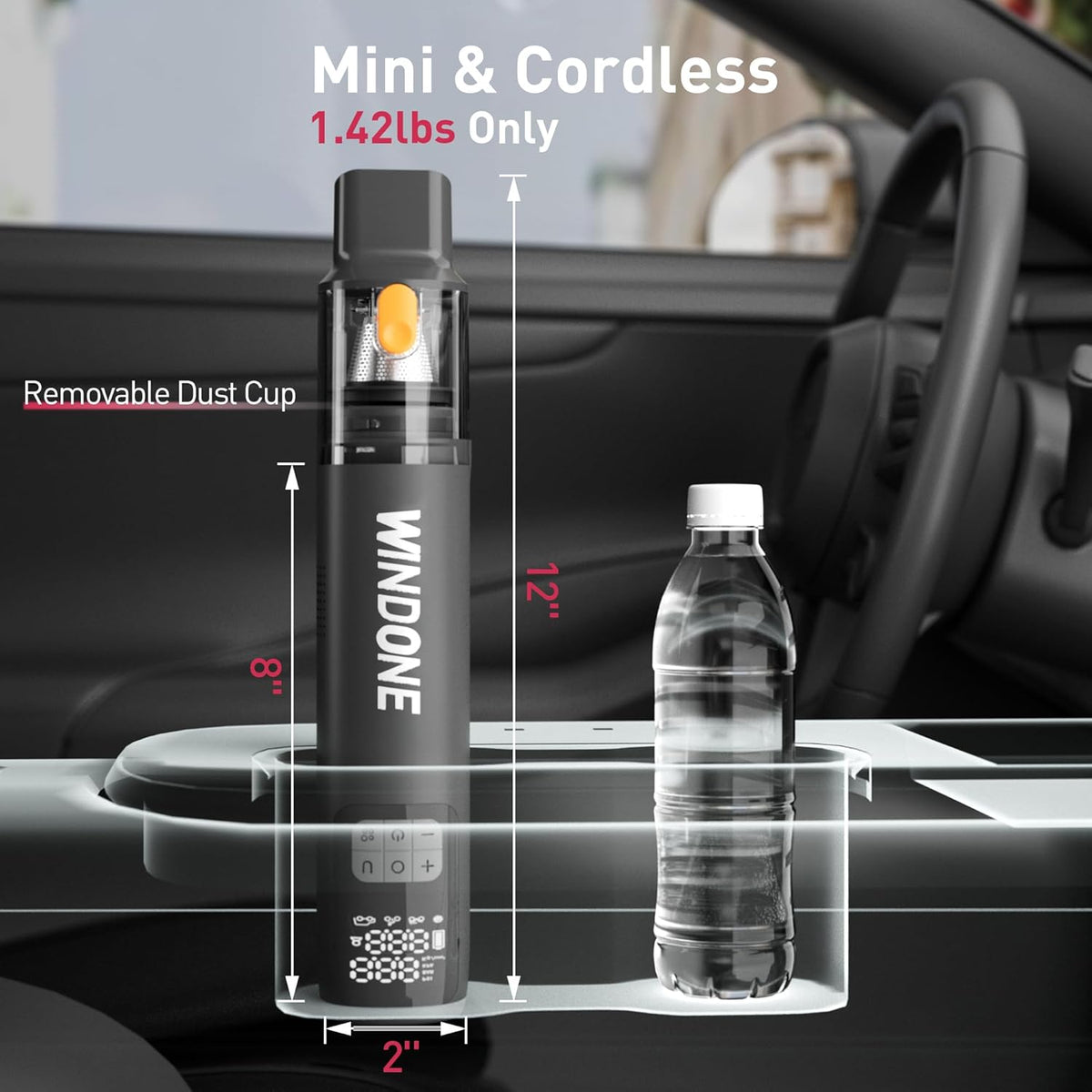 Windone Car Vacuum, 12000Pa 2-in-1 Cleaner & Tire Inflator 150PSI, 60W Brushless Motor, Cordless