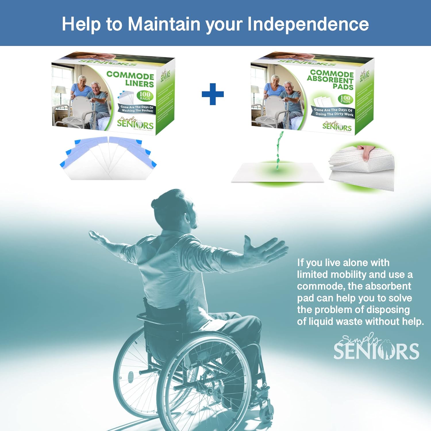 Commode Absorbent Pads for Bedside Commode Liners - 100 Pads for Portable Toilet Bags- No More Days