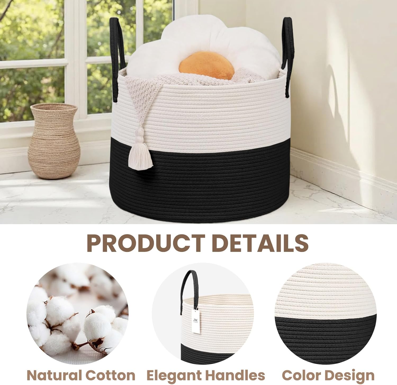Woven Blanket Basket,65L Large Rope Storage Bin with Handles, Organizer for Blankets Toys Book and