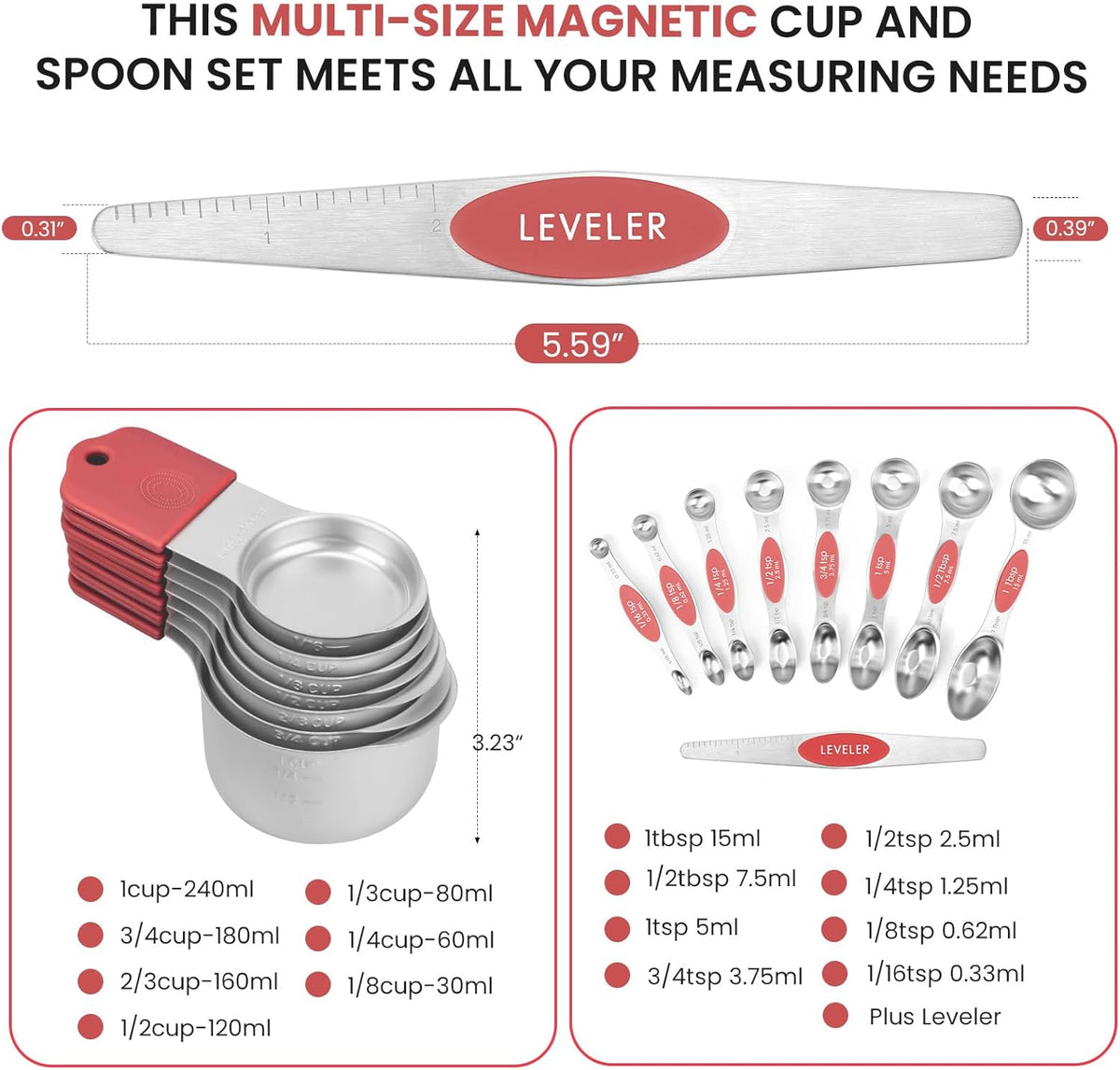 Magnetic Measuring Cups and Spoons Set-Heavy Duty 304 Stainless Steel，Double Measurement