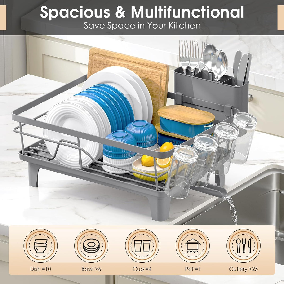 Dish Drying Rack for Kitchen Counter, Sink Dish Rack with Drainboard, Large Dish Drainer with Cups