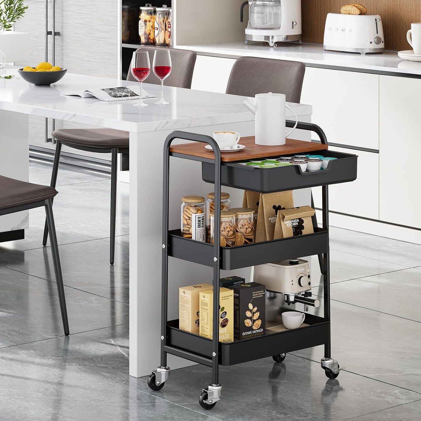 TOOLF 3-Tier Utility Rolling Cart with Wooden Board and Drawer, Metal Storage Cart with Handle