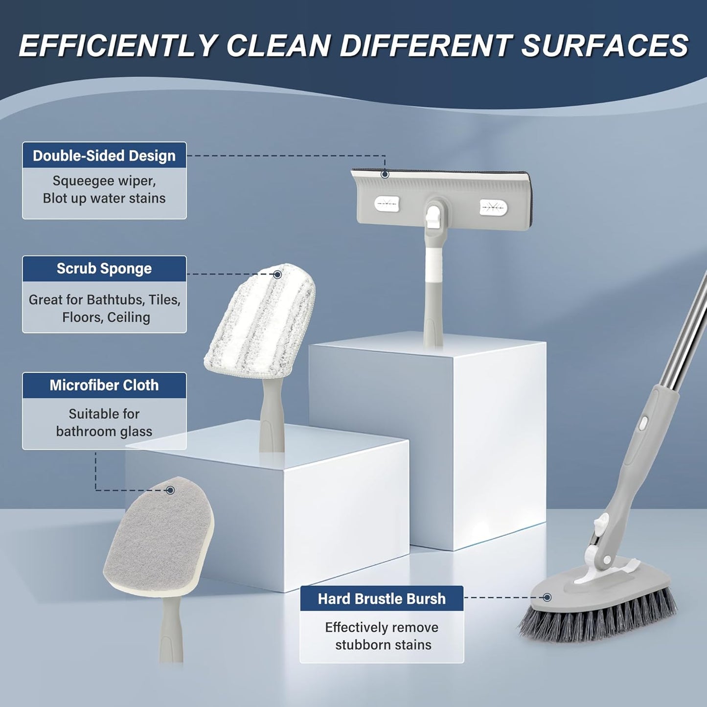 Tile Tub Floor Cleaner Scrubber With Long Handle - 5-in-1 Shower Brush Set for Bathroom, Kitchen