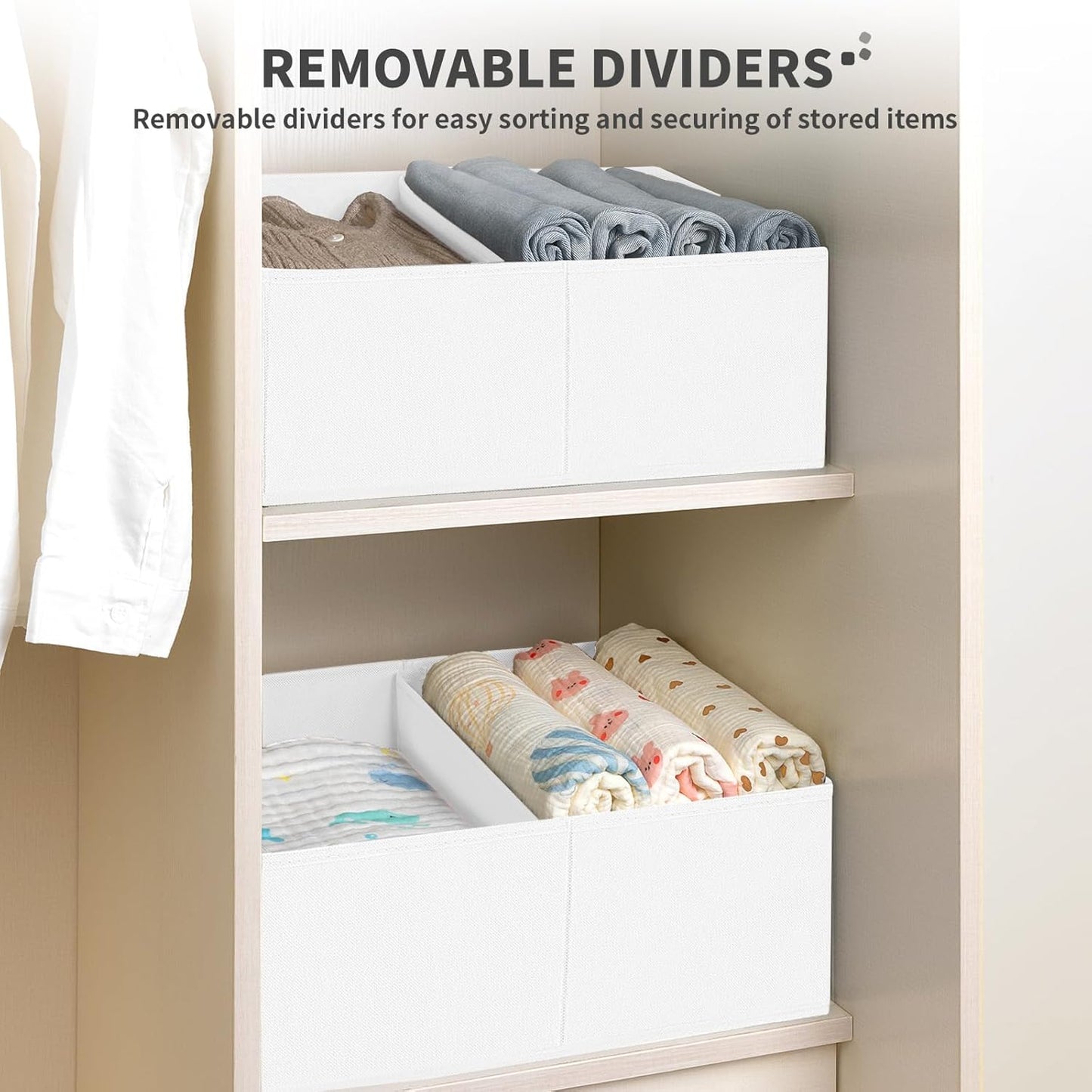 DIMJ Large Closet Shelf Organizer Bins 4 Packs with Handles and Divider, Fabric Trapezoid Storage