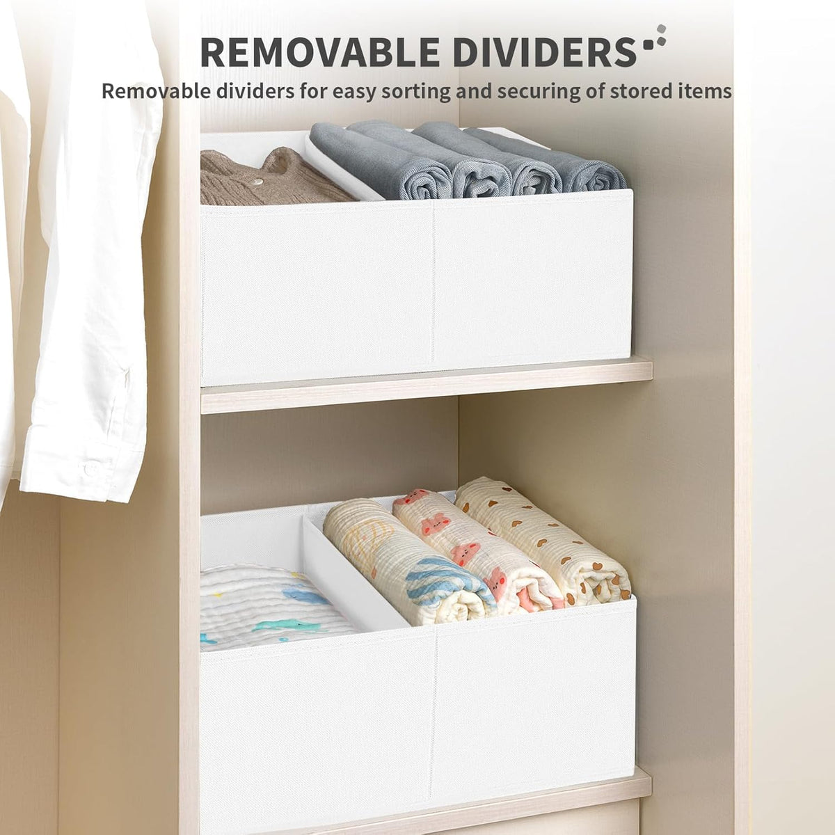 DIMJ Large Closet Shelf Organizer Bins 4 Packs with Handles and Divider, Fabric Trapezoid Storage