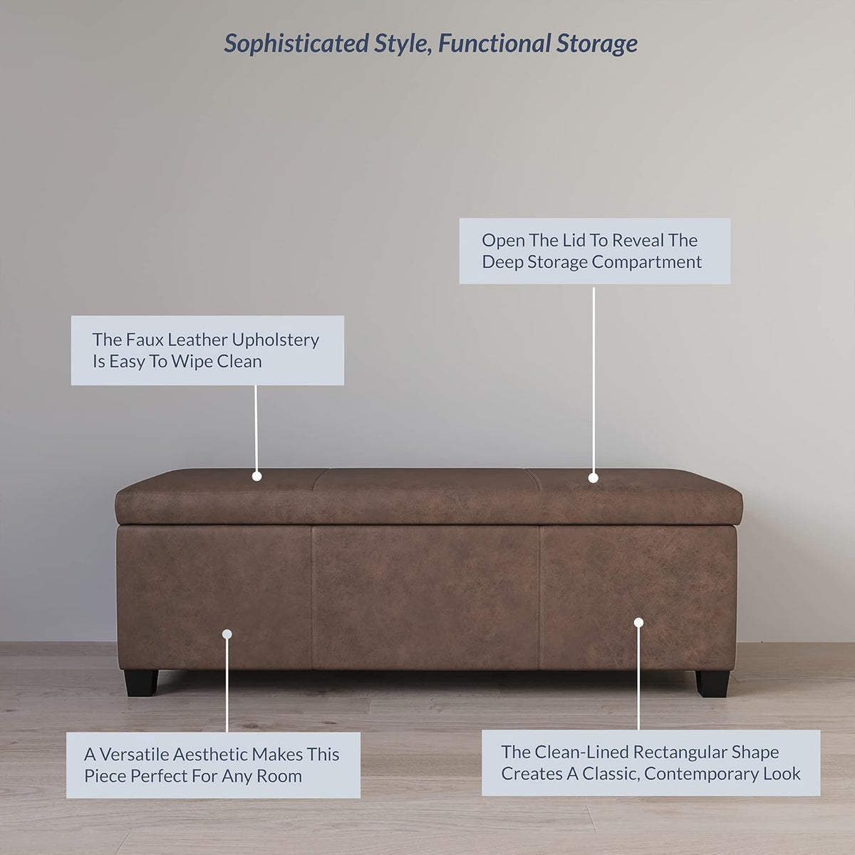 BELLEZE Storage Faux Leather Ottoman, 47 Inch Bench Bedroom Bench with Safety Close Hinge, Extra
