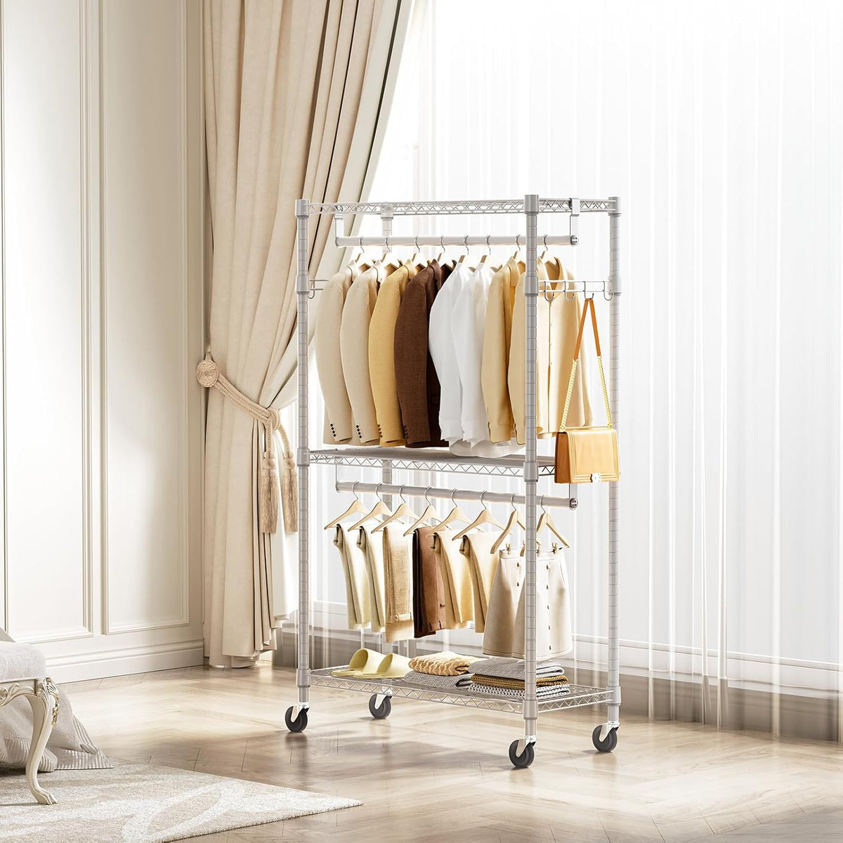 Heavy Duty Rolling Garment Rack 3 Tiers Adjustable Wire Shelving Clothes Rack with 2 Rods and Side