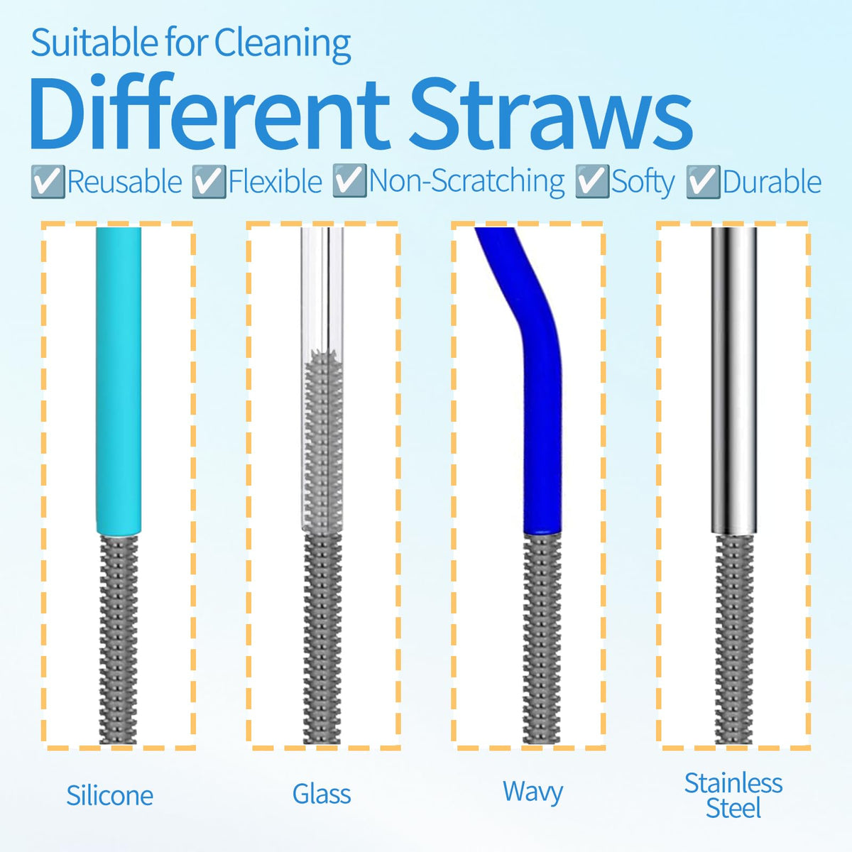 15.7" Silicone Bottle Brush Set - 6 Pack Water Bottle and Straw Cleaner Brush Long Handle for Hydro