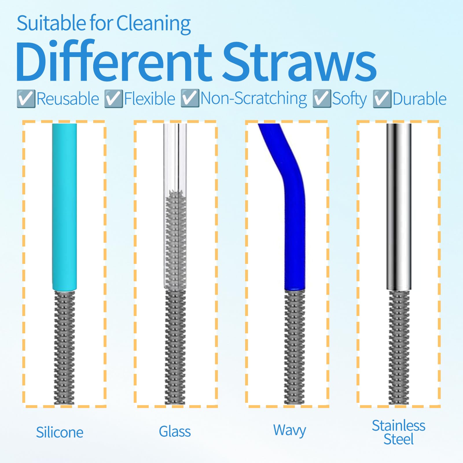 15.7" Silicone Bottle Brush Set - 6 Pack Water Bottle and Straw Cleaner Brush Long Handle for Hydro