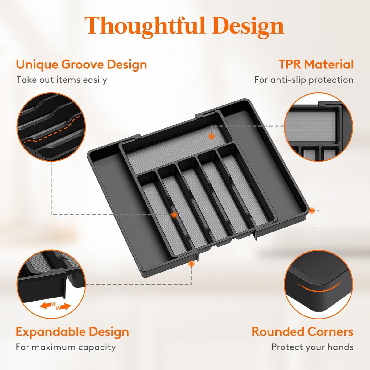 Lifewit Silverware Drawer Organizer, Expandable Utensil Tray with Non-Slip TPR, Deep Flatware