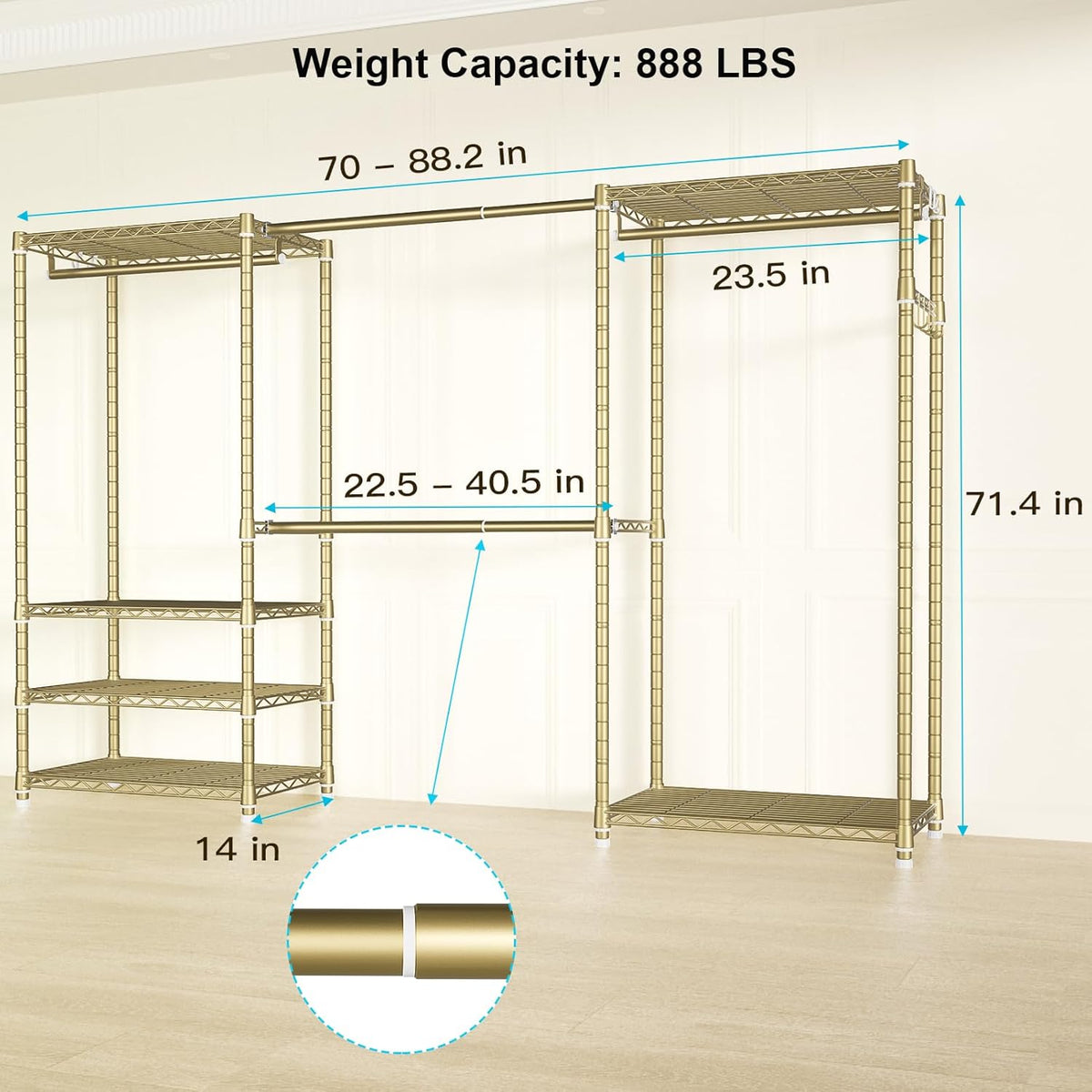 Ulif E1 Heavy Duty Closet Garment Rack, 6 Tiers Adjustable Metal Freestanding Expandable Clothing