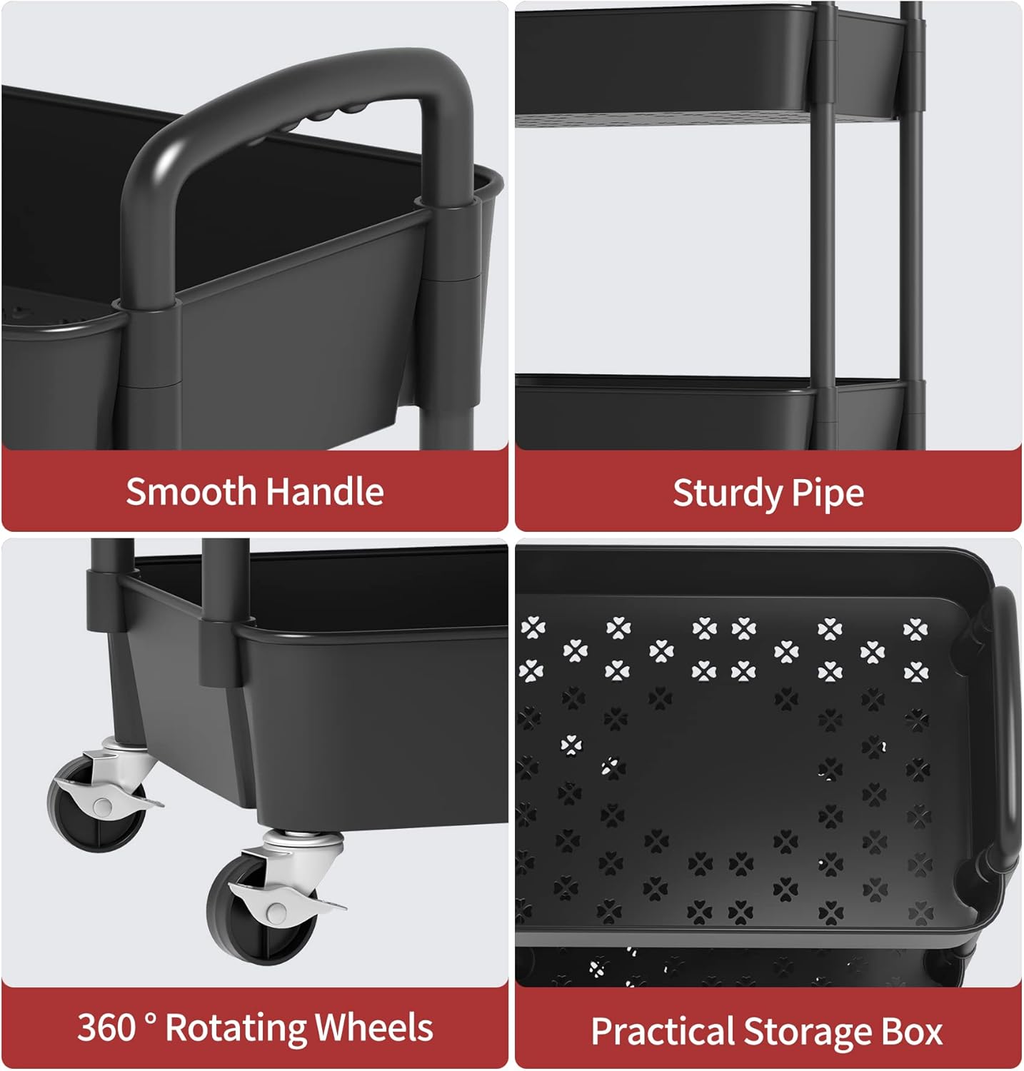 Sywhitta 4-Tier Plastic Rolling Utility Cart with Handle, Multi-Functional Storage Trolley for
