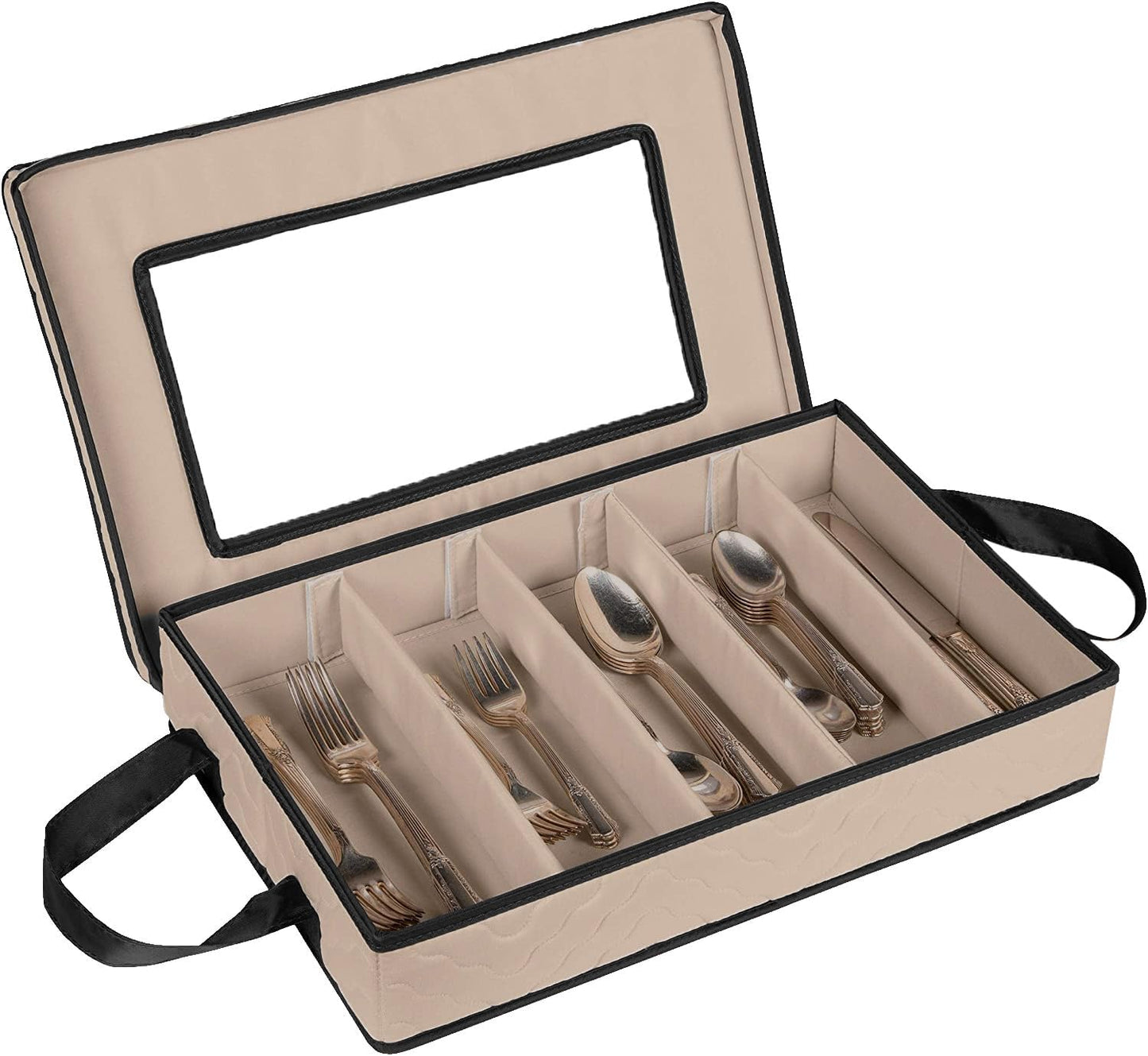 Flatware Storage Case - Durable 5 Compartment Silverware Storage Container Box with Removable Lid