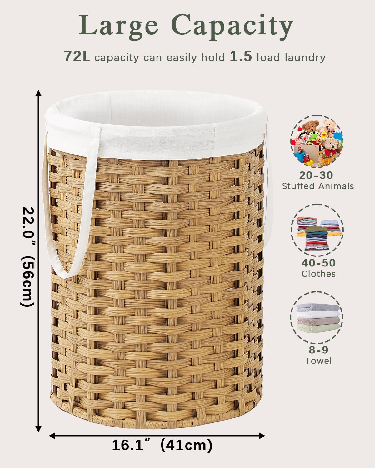 Laundry Hamper Laundry Basket Round 19.0 Gal (72 L) Handwoven Rattan Hamper, Large Wicker Hamper