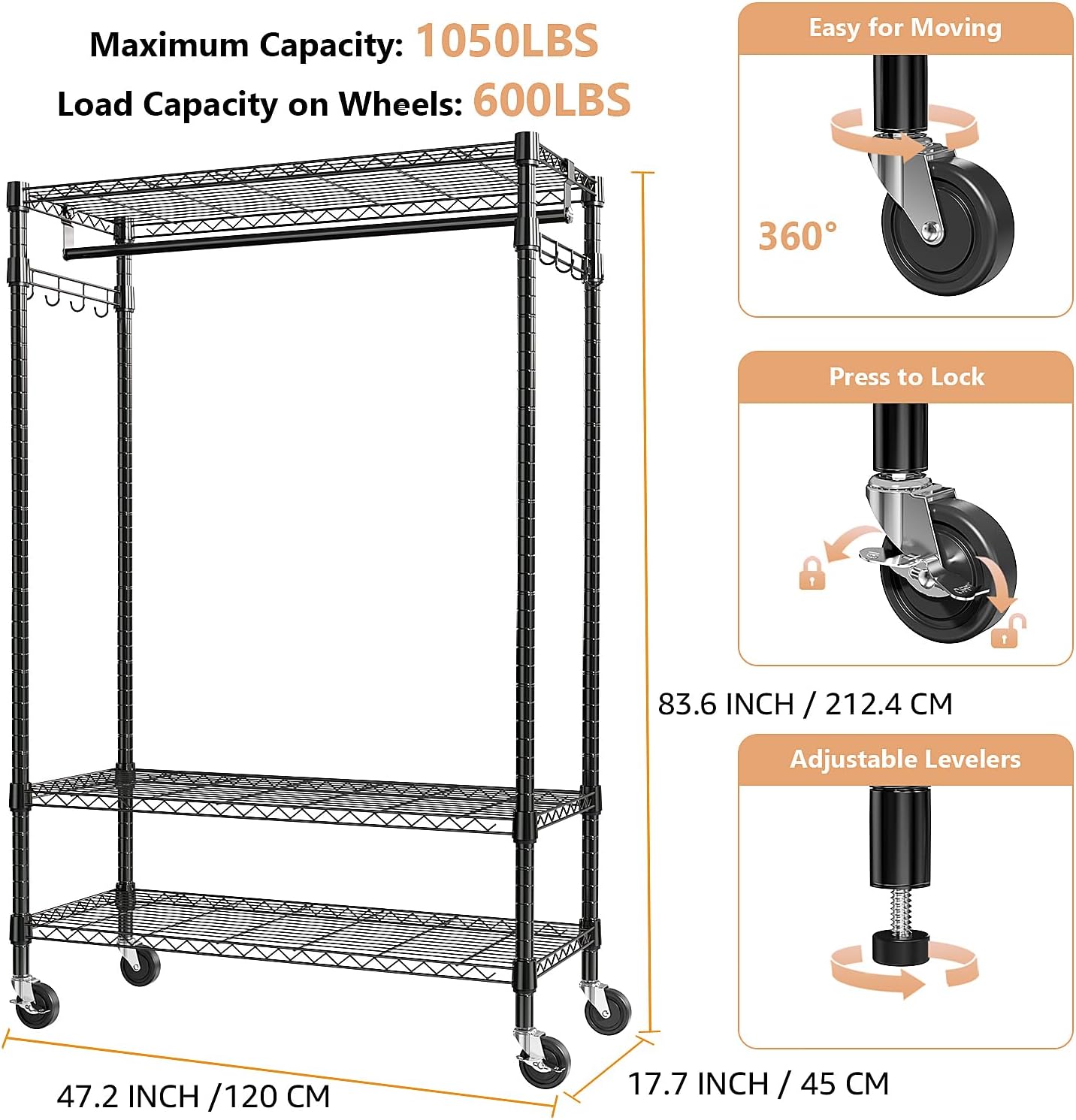 Heavy Duty Rolling Garment Rack 3 Tiers Adjustable Wire Shelving Clothes Rack with Rods and Side