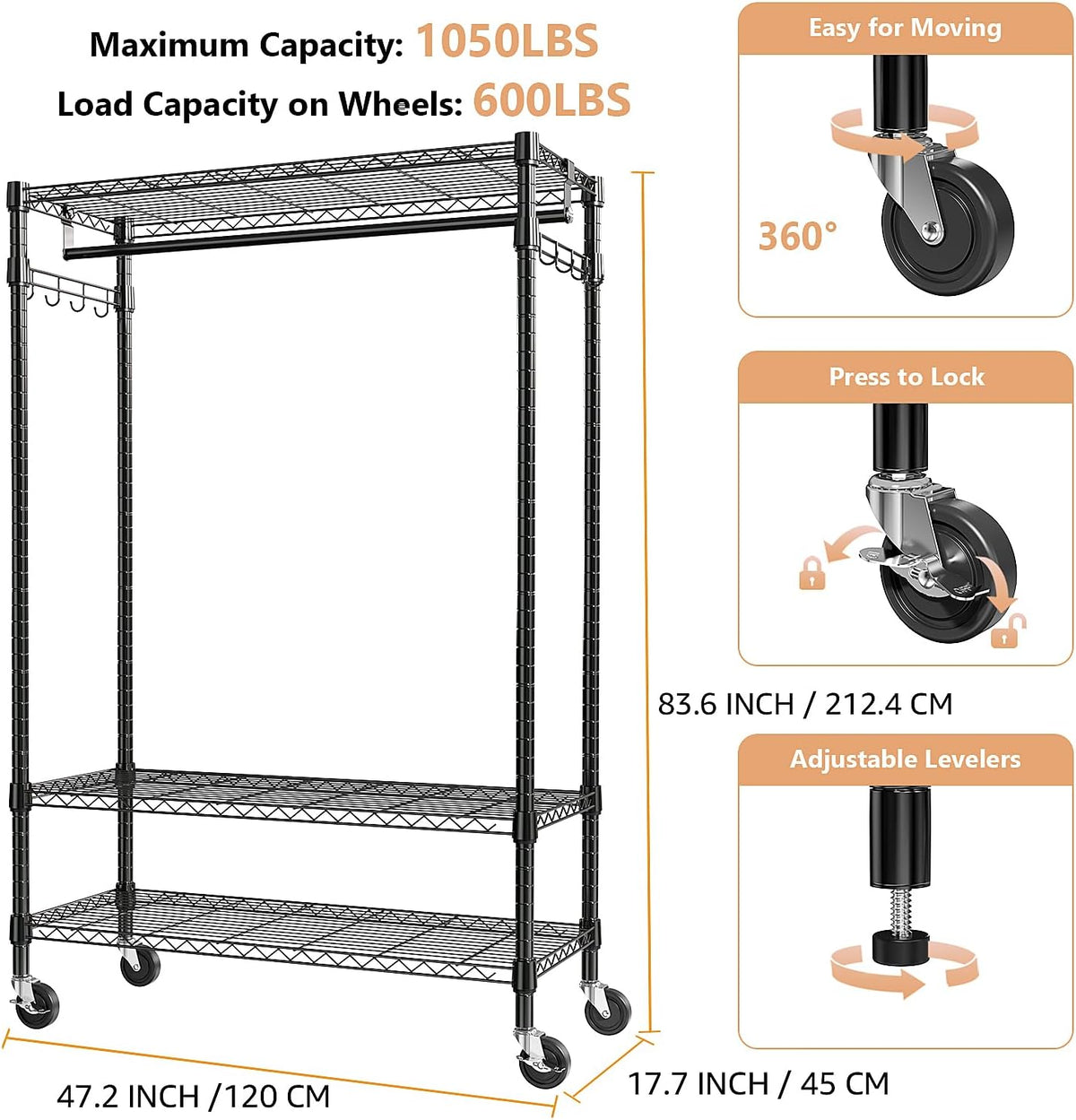 Heavy Duty Rolling Garment Rack 3 Tiers Adjustable Wire Shelving Clothes Rack with Rods and Side