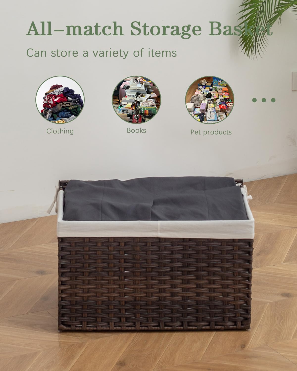 Storage Basket with Lid Rattan Woven Storage Baskets with 2 Separate Lids, 17.2 Gallon (65 L), 22 x
