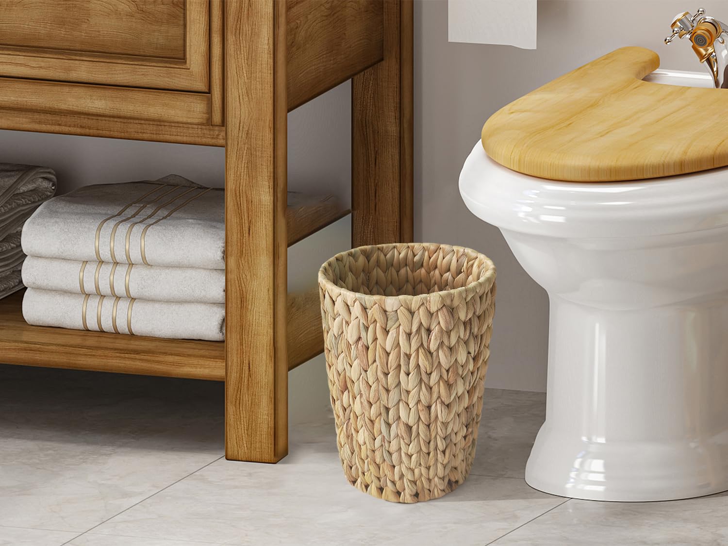Wicker Trash Can,Small Bathroom Trash Can,Water Hyacinth Wicker Waste Basket for Bathroom,Boho