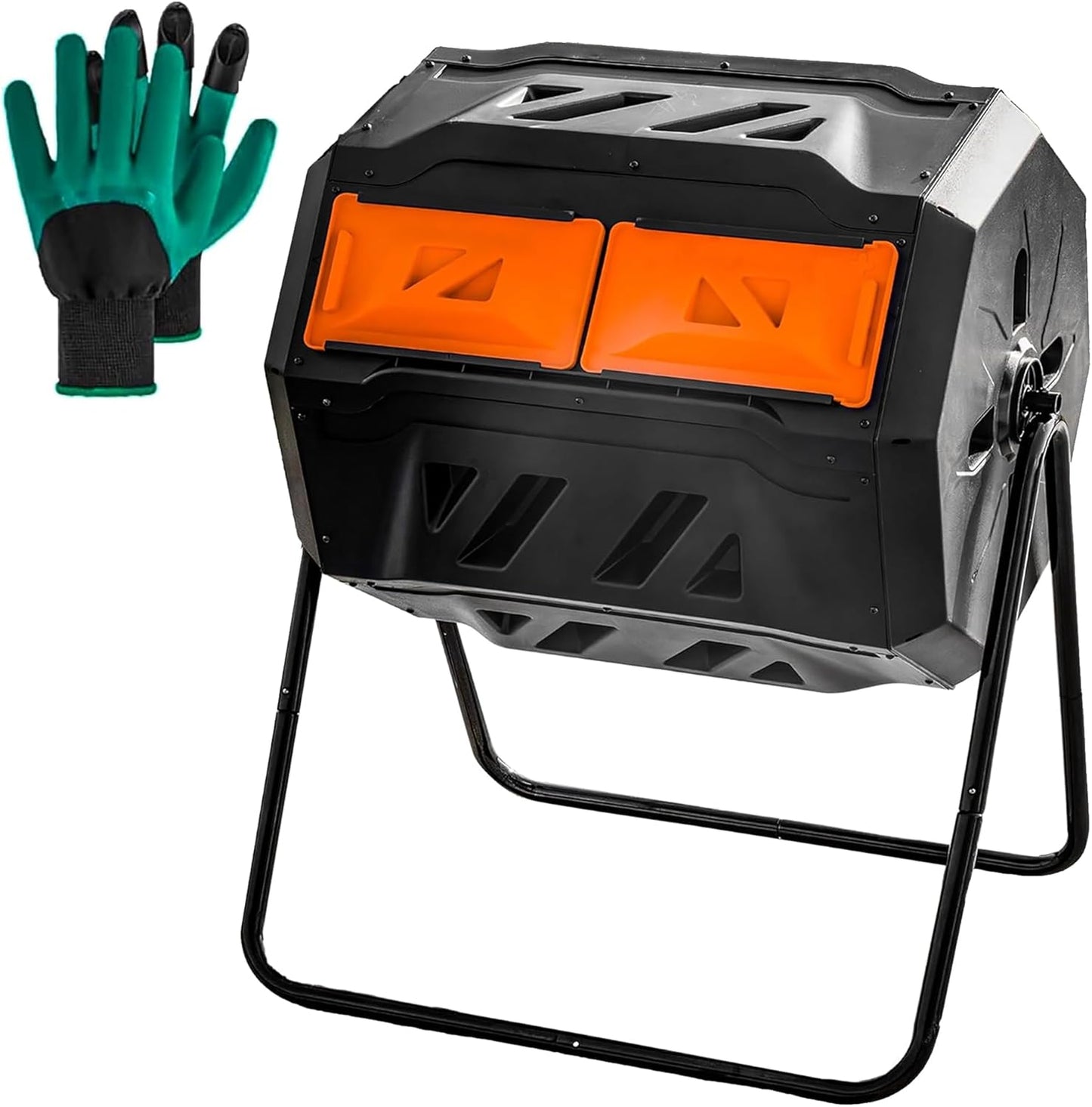 Hourleey Compost Bin Outdoor, 43 Gallon Dual Chamber Tumbling Composting Bin with Sliding Doors