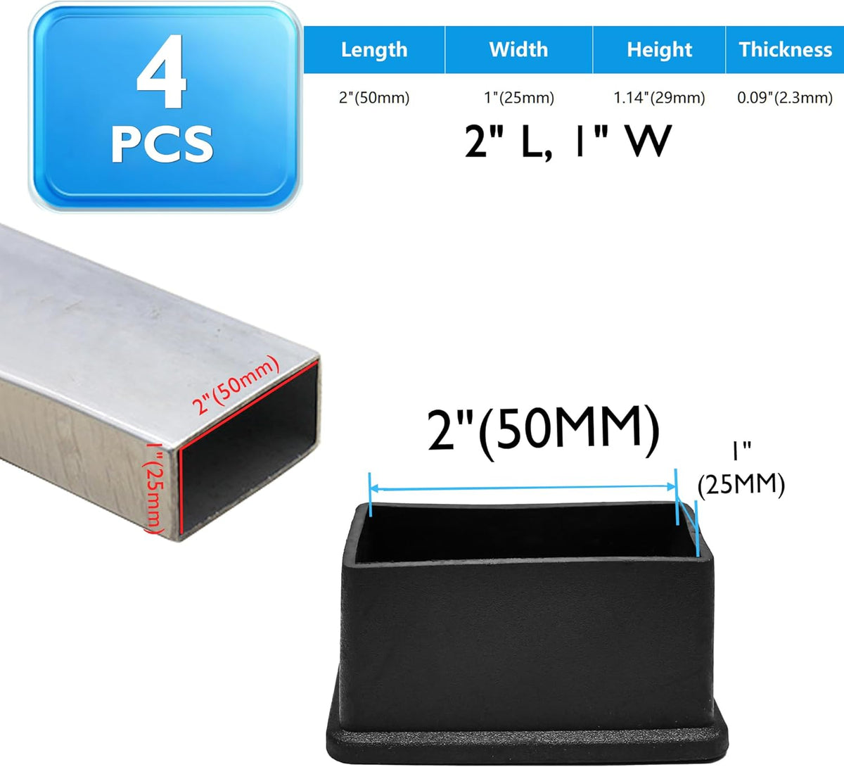 4 Pcs 1" x 2" Rectangular Rubber Chair Leg Caps, PVC Table Leg Covers, Flexible & Anti-Slip