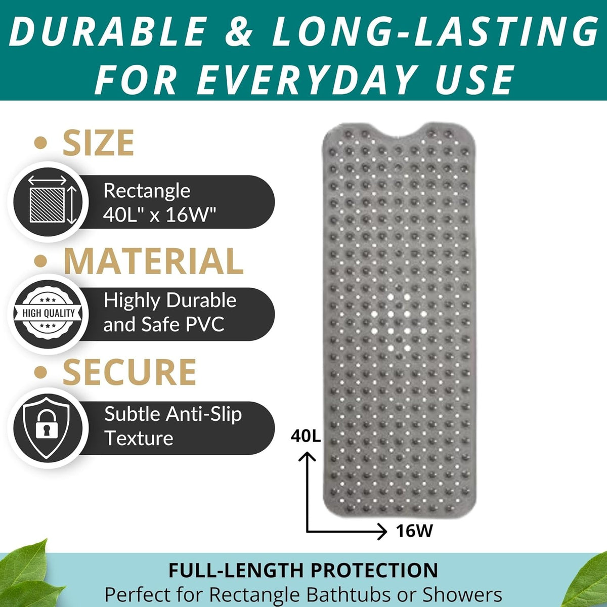 ENKOSI Bathtub Mat – 40 x 16 Inch Extra Long Non Slip Shower Mat – Anti Slip Grey Bath Mat with