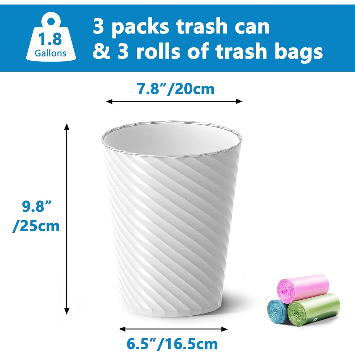 Bathroom Trash Can, 8 Pack 1.8 Gallons Small Trash Can with Trash Bags, Bathroom Garbage Can